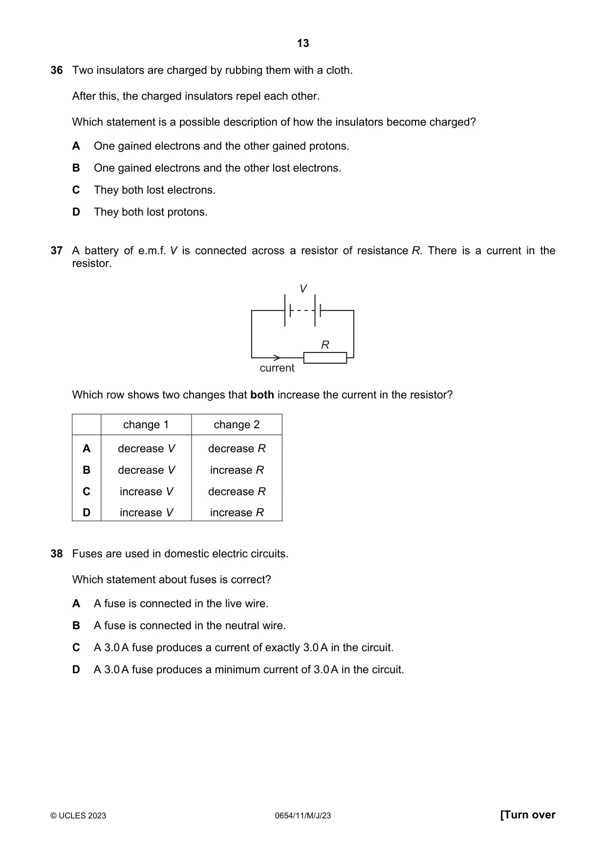 Cambridge IGCSE Sciences - Co-ordinated (Double) 0654 2023 May/June Paper 1 · Variant 1 question paper, page 13 of 16