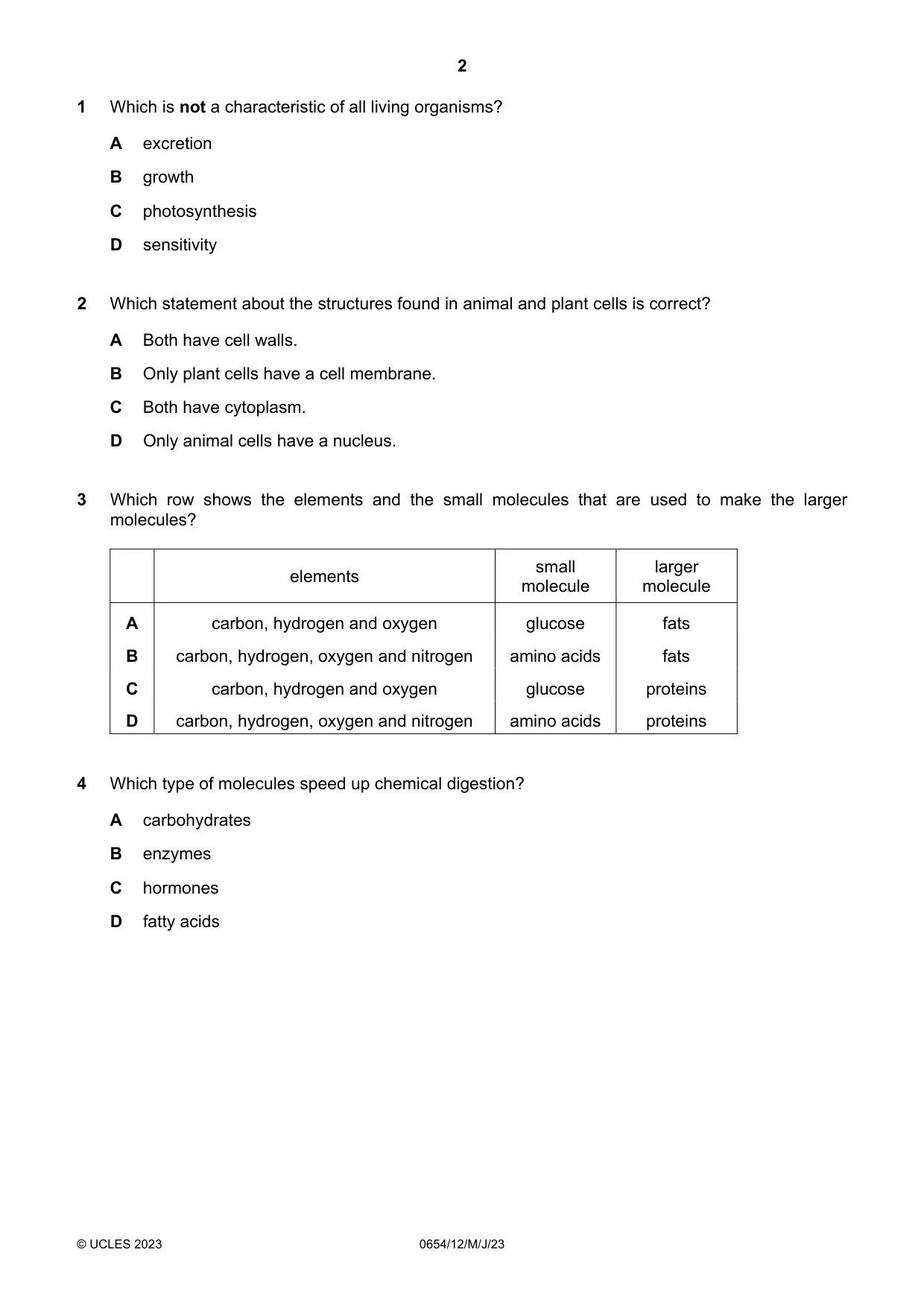 Cambridge IGCSE Sciences - Co-ordinated (Double) 0654 2023 May/June Paper 1 · Variant 2 question paper, page 2 of 16