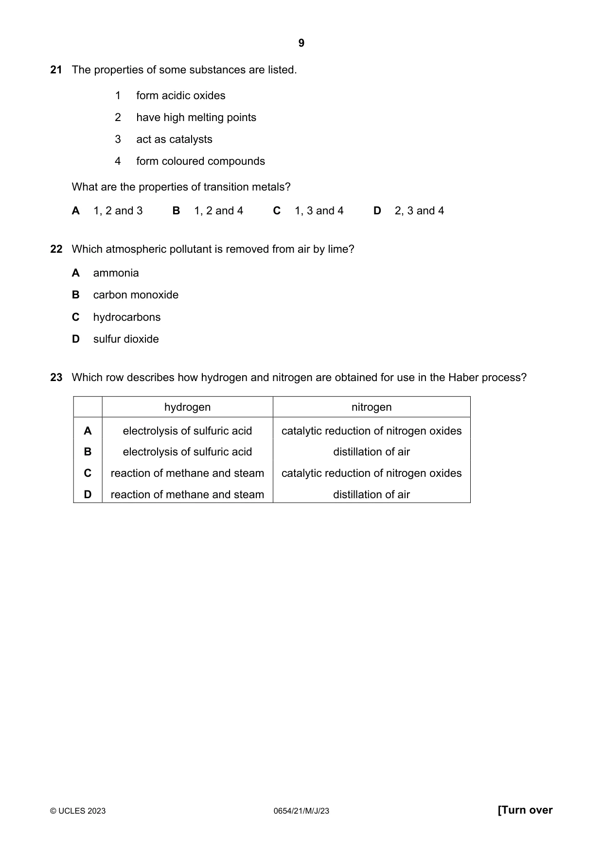Cambridge IGCSE Sciences - Co-ordinated (Double) 0654 2023 May/June Paper 2 · Variant 1 question paper, page 9 of 16