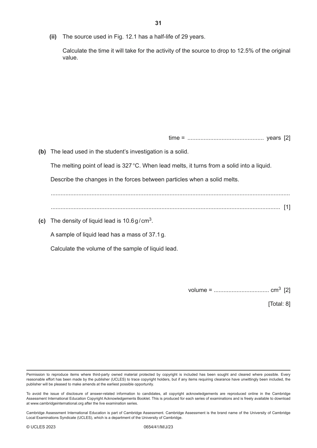 Cambridge IGCSE Sciences - Co-ordinated (Double) 0654 2023 May/June Paper 4 · Variant 1 question paper, page 31 of 32