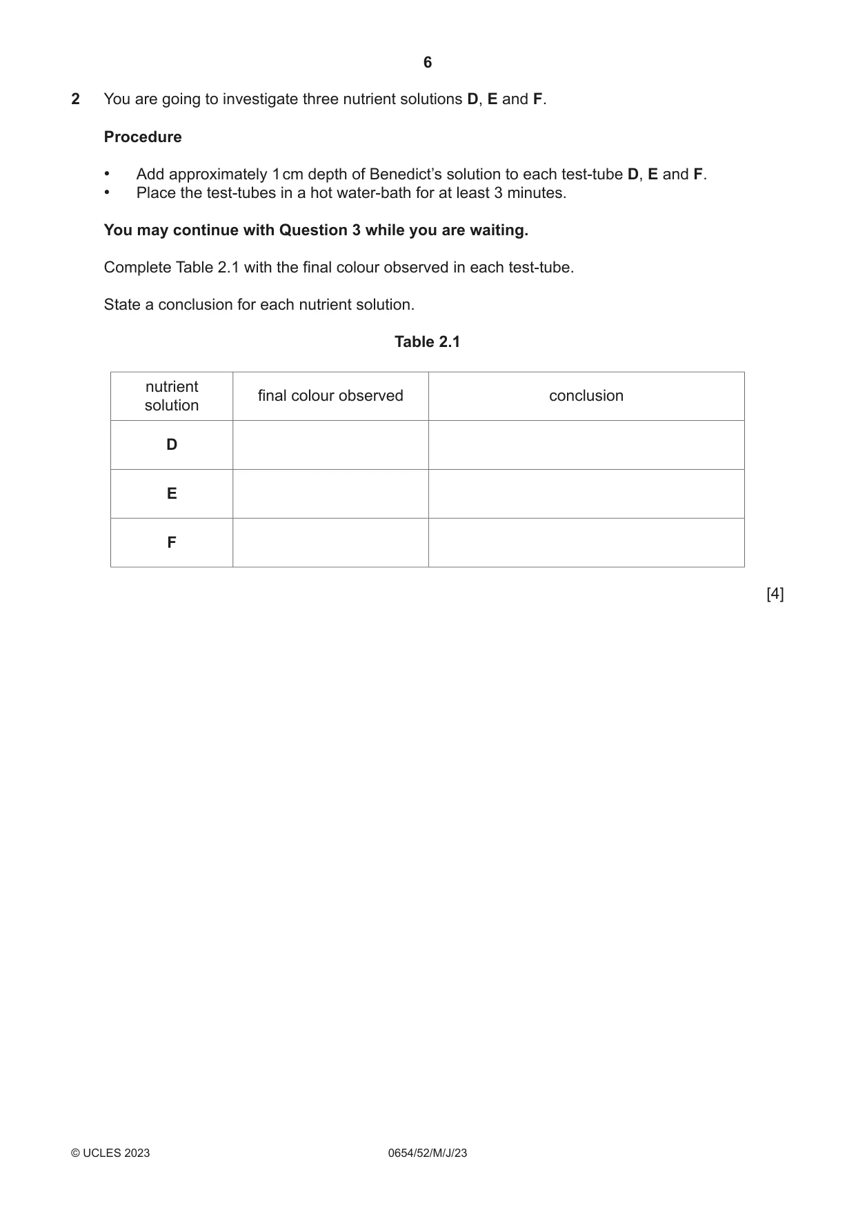 Cambridge IGCSE Sciences - Co-ordinated (Double) 0654 2023 May/June Paper 5 · Variant 2 question paper, page 6 of 20