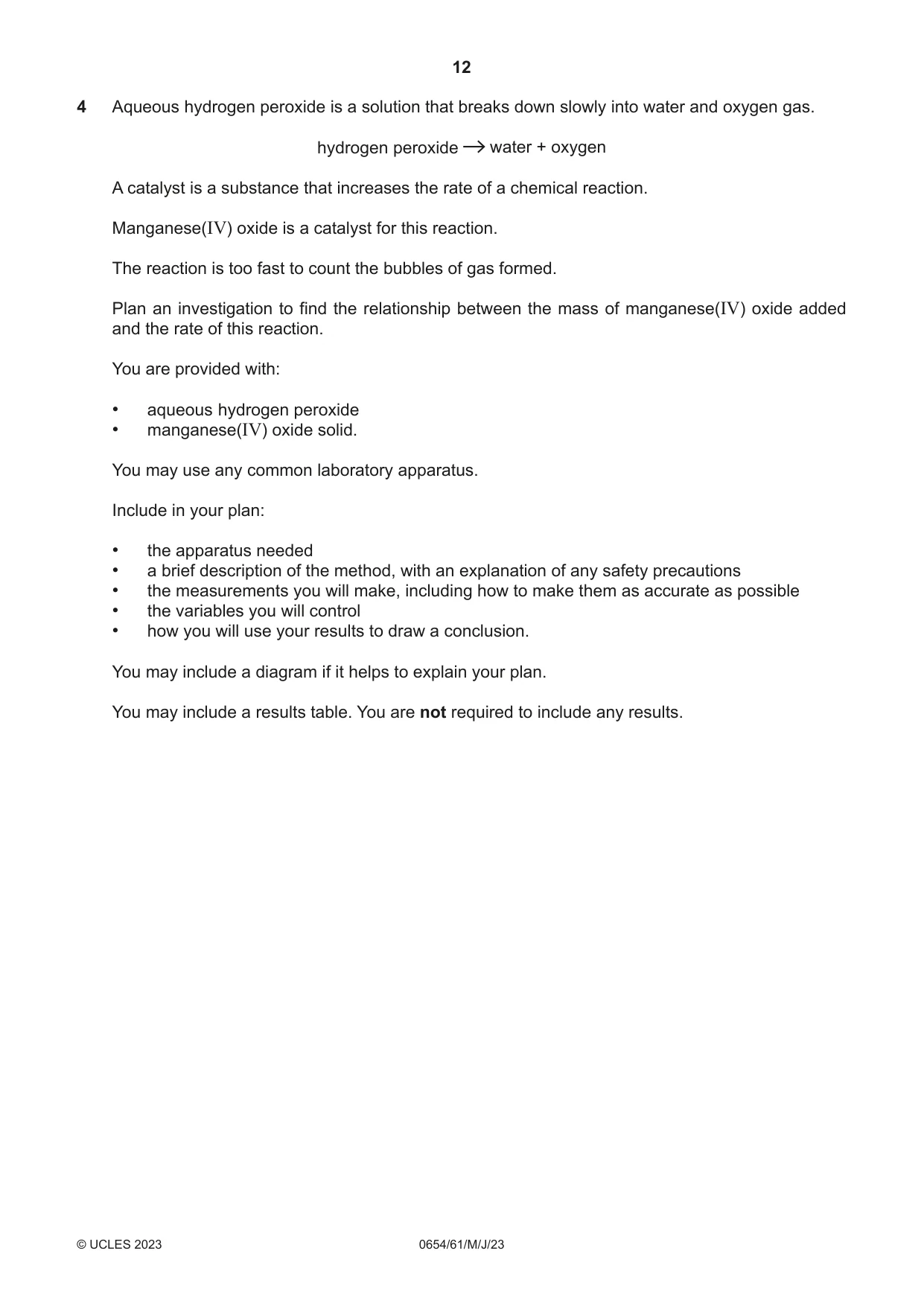 Cambridge IGCSE Sciences - Co-ordinated (Double) 0654 2023 May/June Paper 6 · Variant 1 question paper, page 12 of 20