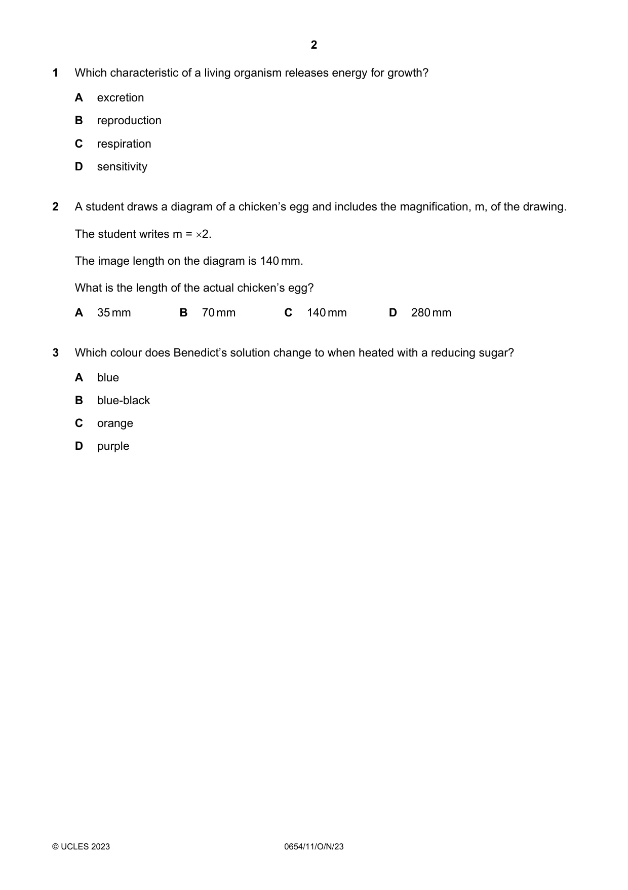 Cambridge IGCSE Sciences - Co-ordinated (Double) 0654 2023 Oct/Nov Paper 1 · Variant 1 question paper, page 2 of 16