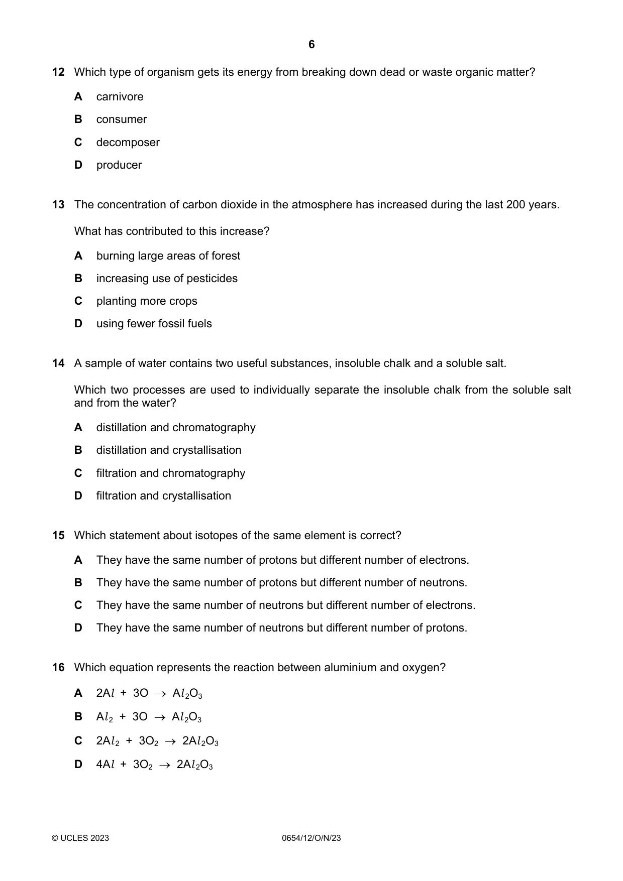 Cambridge IGCSE Sciences - Co-ordinated (Double) 0654 2023 Oct/Nov Paper 1 · Variant 2 question paper, page 6 of 16