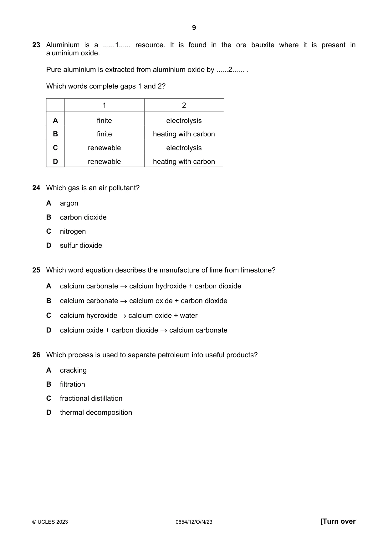 Cambridge IGCSE Sciences - Co-ordinated (Double) 0654 2023 Oct/Nov Paper 1 · Variant 2 question paper, page 9 of 16