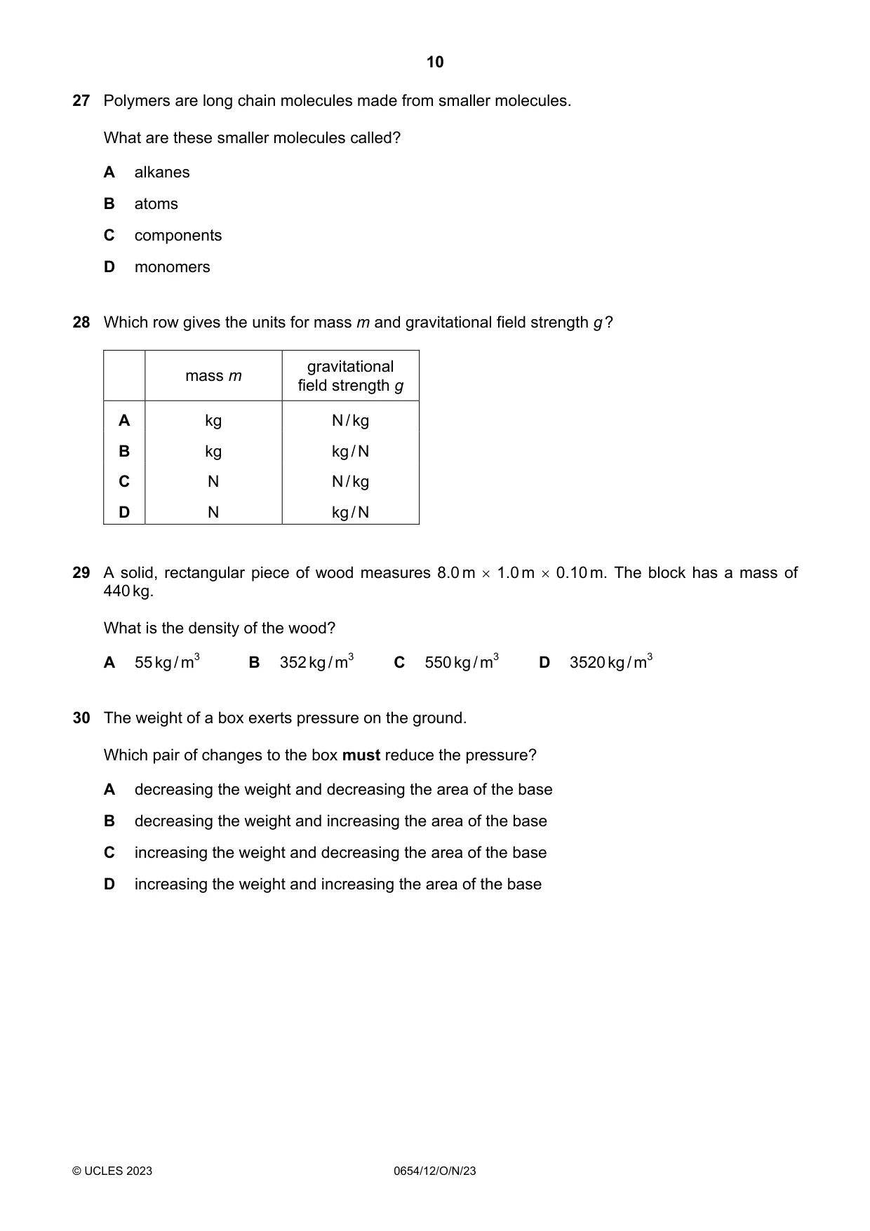 Cambridge IGCSE Sciences - Co-ordinated (Double) 0654 2023 Oct/Nov Paper 1 · Variant 2 question paper, page 10 of 16