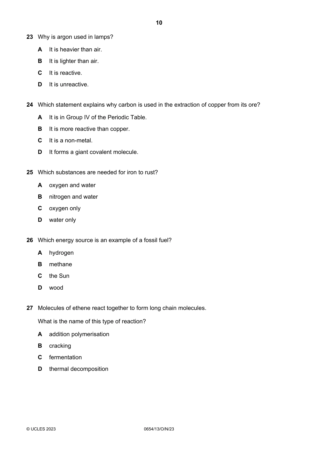 Cambridge IGCSE Sciences - Co-ordinated (Double) 0654 2023 Oct/Nov Paper 1 · Variant 3 question paper, page 10 of 16