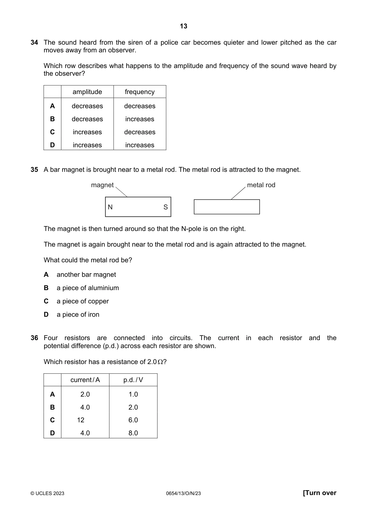 Cambridge IGCSE Sciences - Co-ordinated (Double) 0654 2023 Oct/Nov Paper 1 · Variant 3 question paper, page 13 of 16