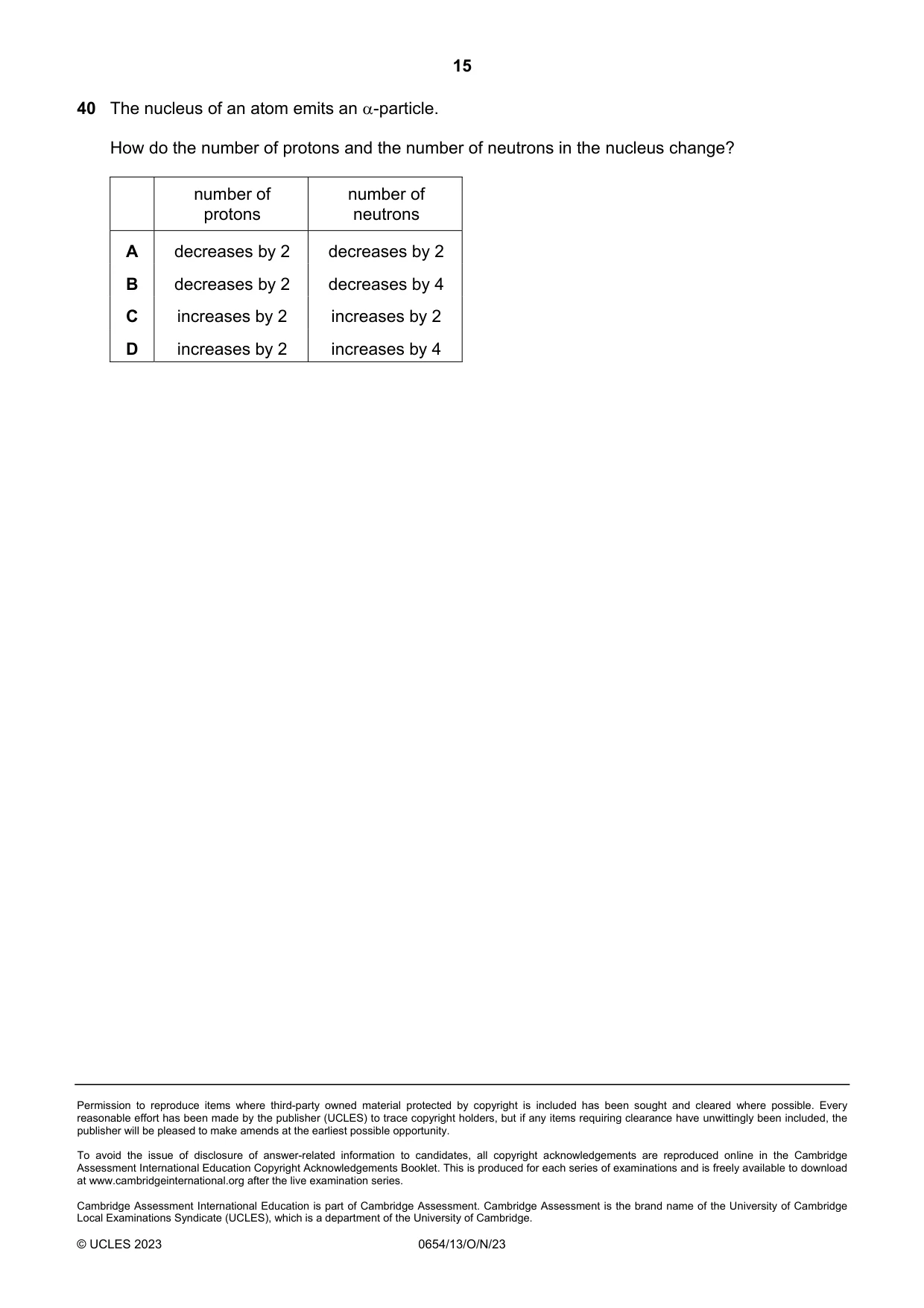 Cambridge IGCSE Sciences - Co-ordinated (Double) 0654 2023 Oct/Nov Paper 1 · Variant 3 question paper, page 15 of 16