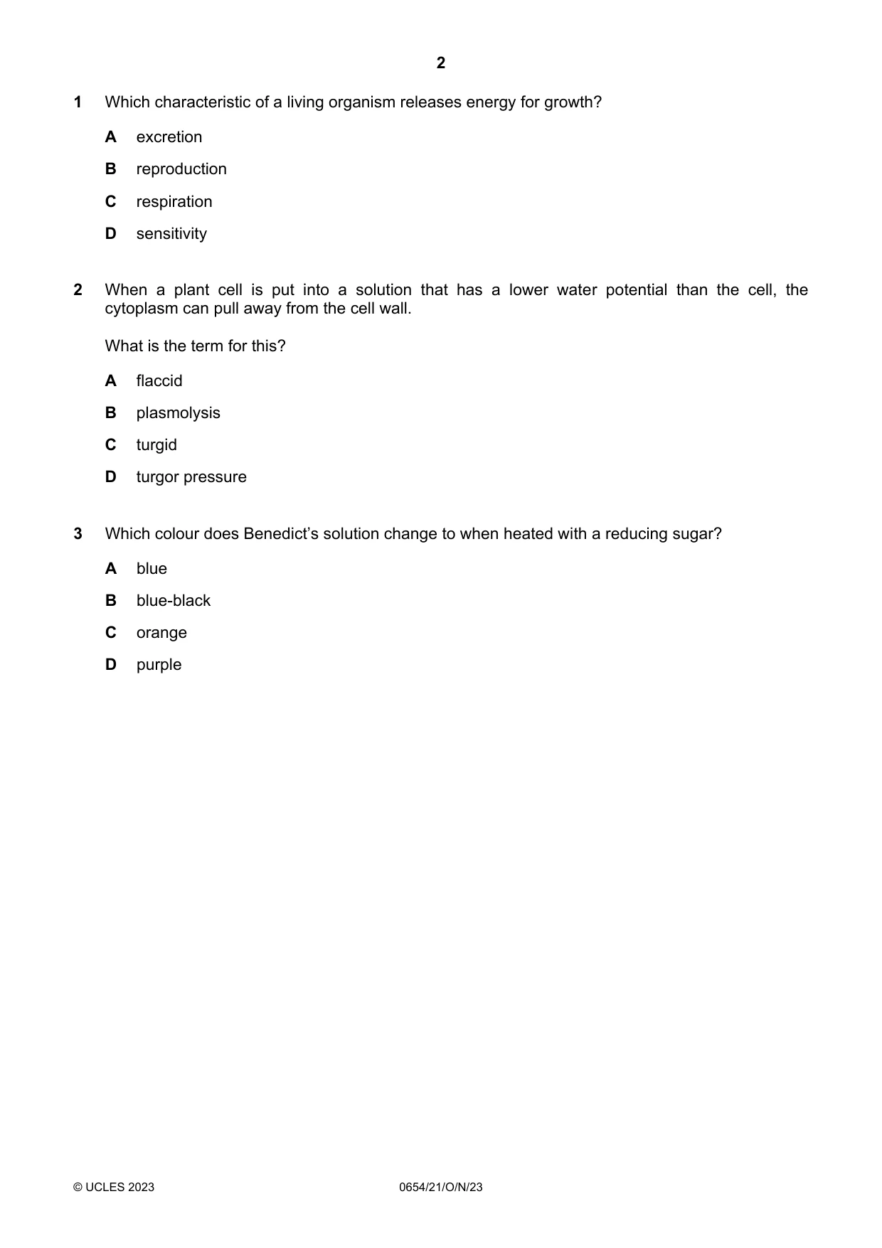 Cambridge IGCSE Sciences - Co-ordinated (Double) 0654 2023 Oct/Nov Paper 2 · Variant 1 question paper, page 2 of 16