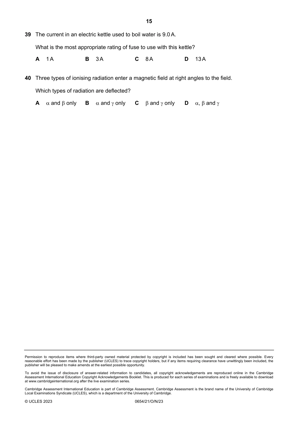 Cambridge IGCSE Sciences - Co-ordinated (Double) 0654 2023 Oct/Nov Paper 2 · Variant 1 question paper, page 15 of 16