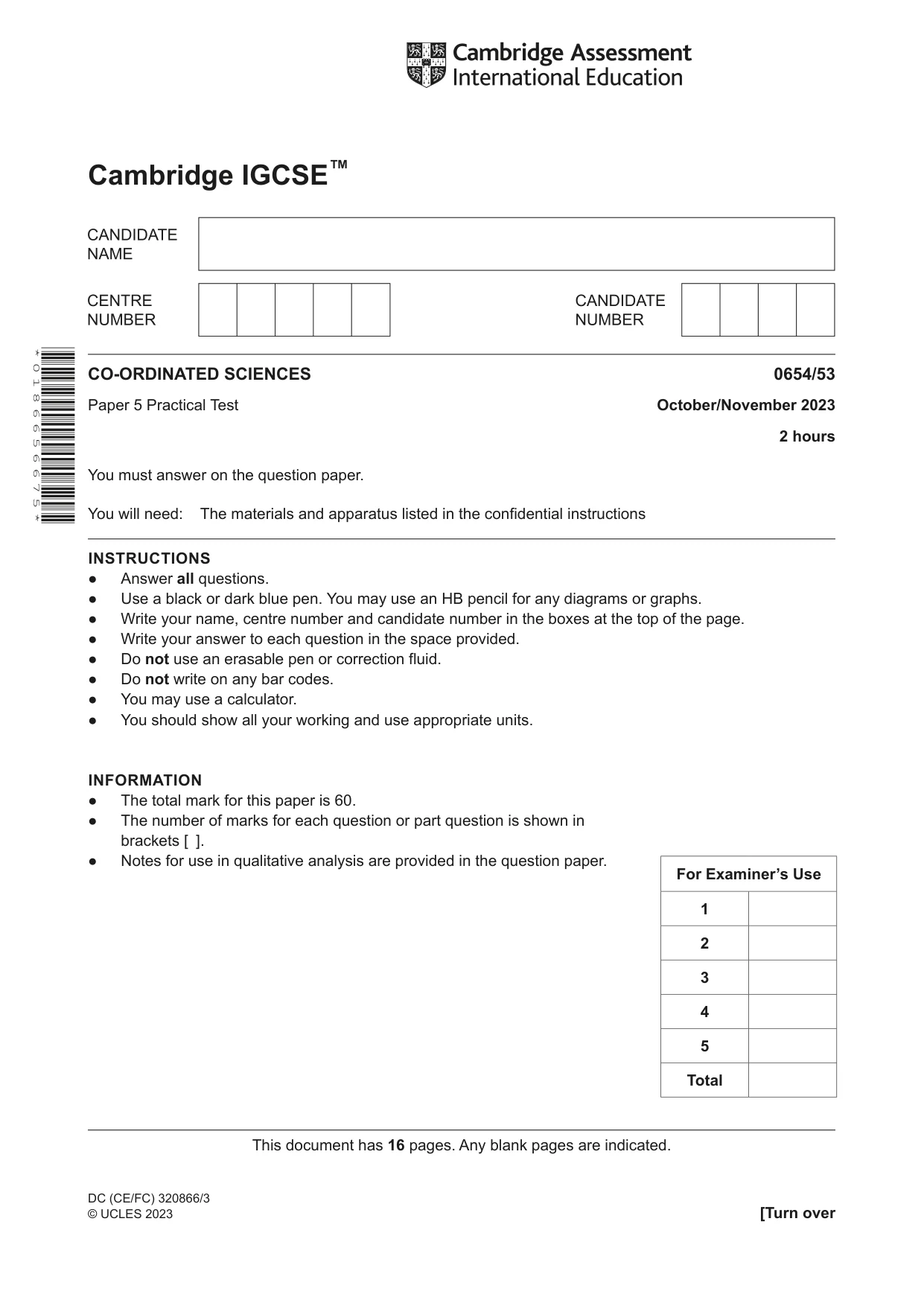 Cambridge IGCSE Sciences - Co-ordinated (Double) 0654 2023 Oct/Nov Paper 5 · Variant 3 question paper, page 1 of 16