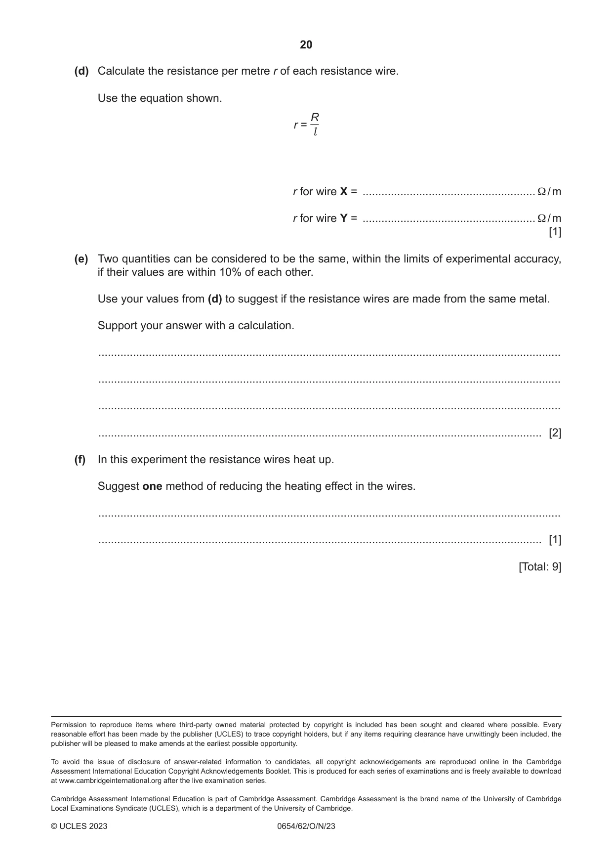 Cambridge IGCSE Sciences - Co-ordinated (Double) 0654 2023 Oct/Nov Paper 6 · Variant 2 question paper, page 20 of 20