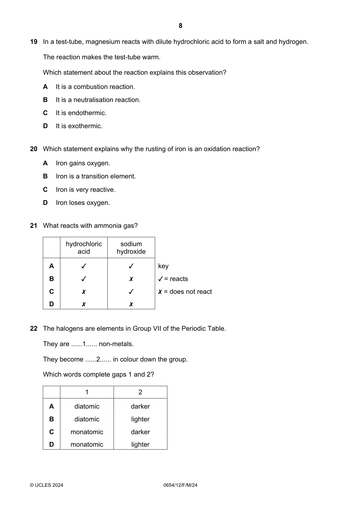 Cambridge IGCSE Sciences - Co-ordinated (Double) 0654 2024 Feb/March Paper 1 · Variant 2 question paper, page 8 of 16