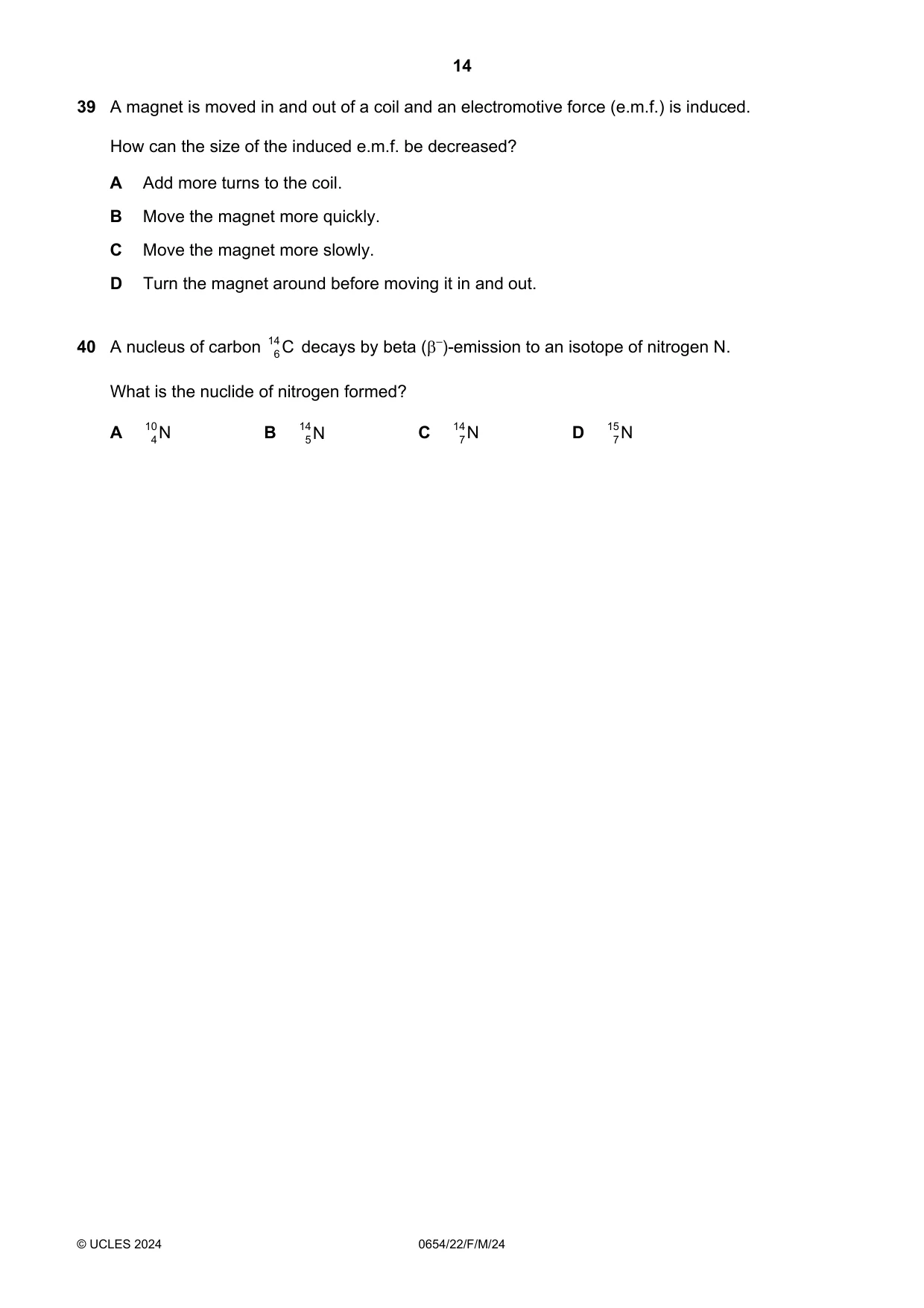 Cambridge IGCSE Sciences - Co-ordinated (Double) 0654 2024 Feb/March Paper 2 · Variant 2 question paper, page 14 of 16