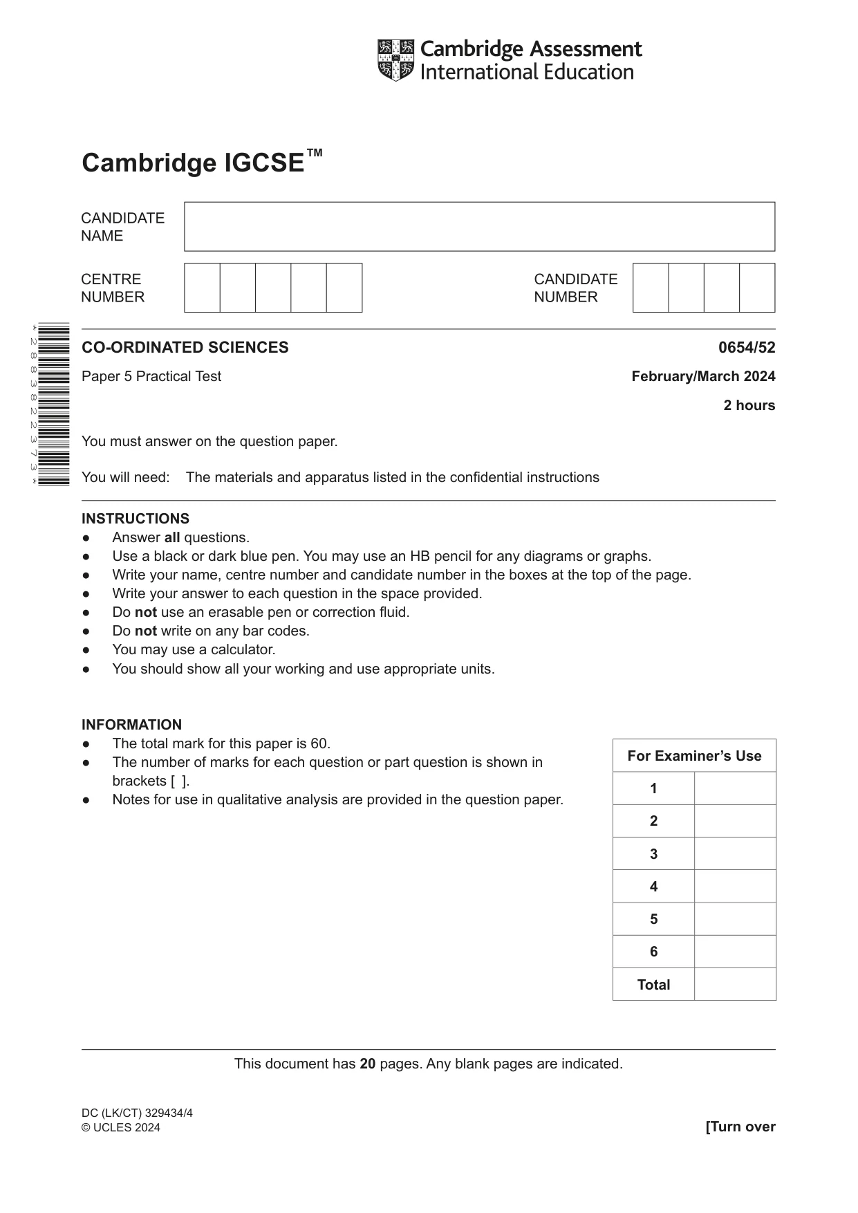 Cambridge IGCSE Sciences - Co-ordinated (Double) 0654 2024 Feb/March Paper 5 · Variant 2 question paper, page 1 of 20