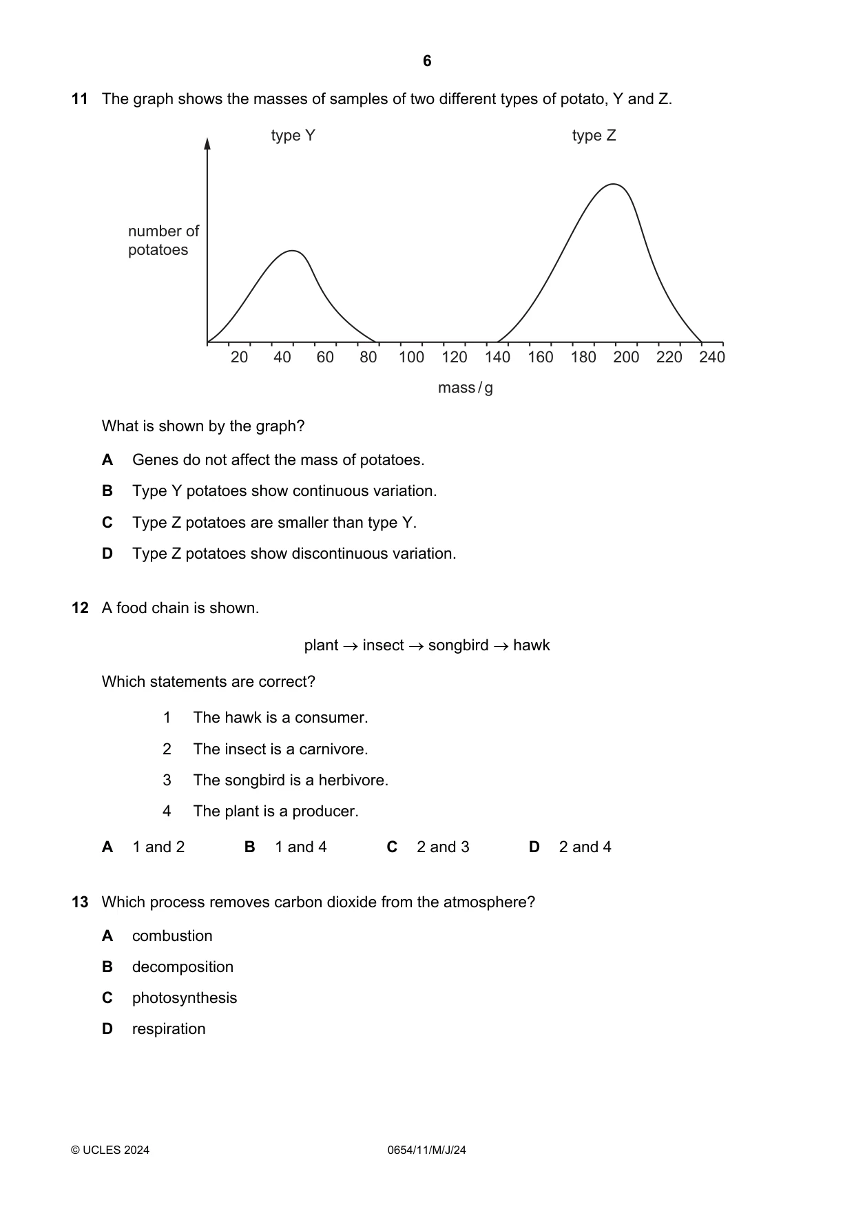 Cambridge IGCSE Sciences - Co-ordinated (Double) 0654 2024 May/June Paper 1 · Variant 1 question paper, page 6 of 20