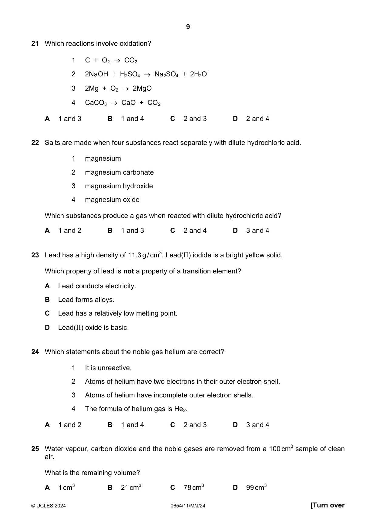 Cambridge IGCSE Sciences - Co-ordinated (Double) 0654 2024 May/June Paper 1 · Variant 1 question paper, page 9 of 20