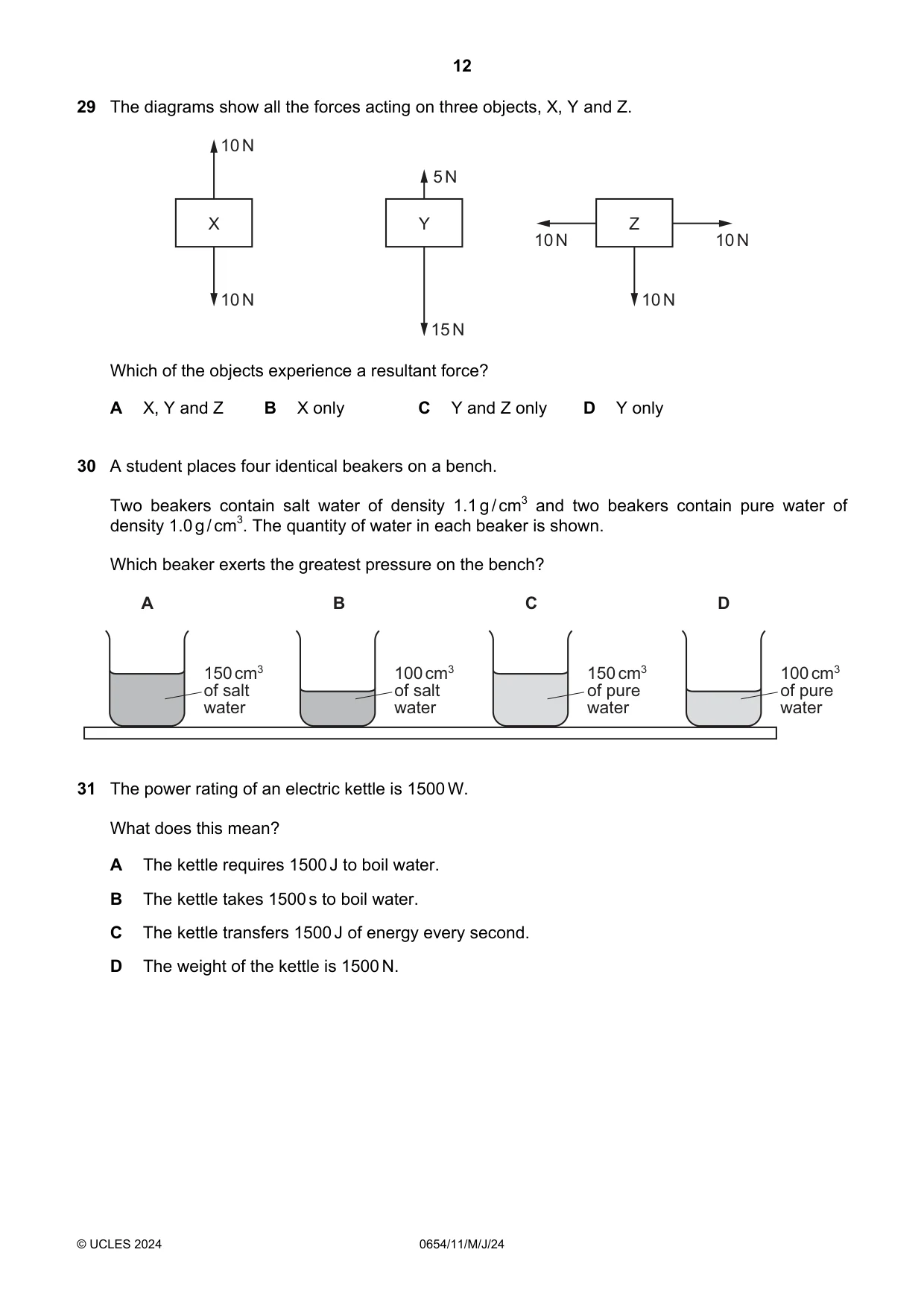 Cambridge IGCSE Sciences - Co-ordinated (Double) 0654 2024 May/June Paper 1 · Variant 1 question paper, page 12 of 20
