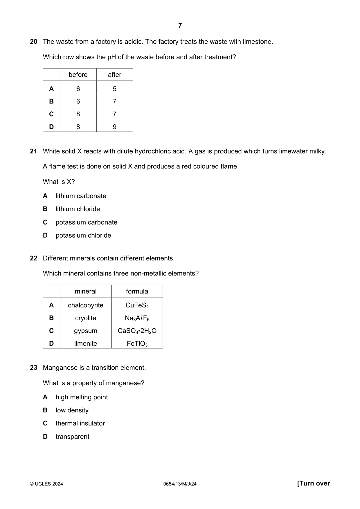 Cambridge IGCSE Sciences - Co-ordinated (Double) 0654 2024 May/June Paper 1 · Variant 3 question paper, page 7 of 16