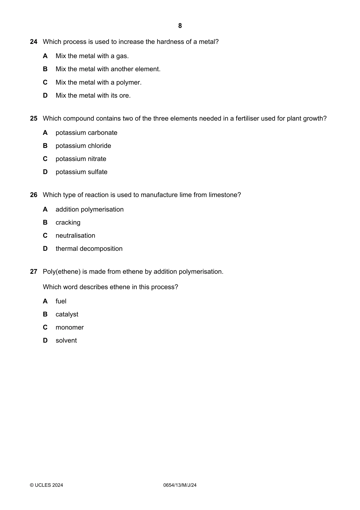 Cambridge IGCSE Sciences - Co-ordinated (Double) 0654 2024 May/June Paper 1 · Variant 3 question paper, page 8 of 16