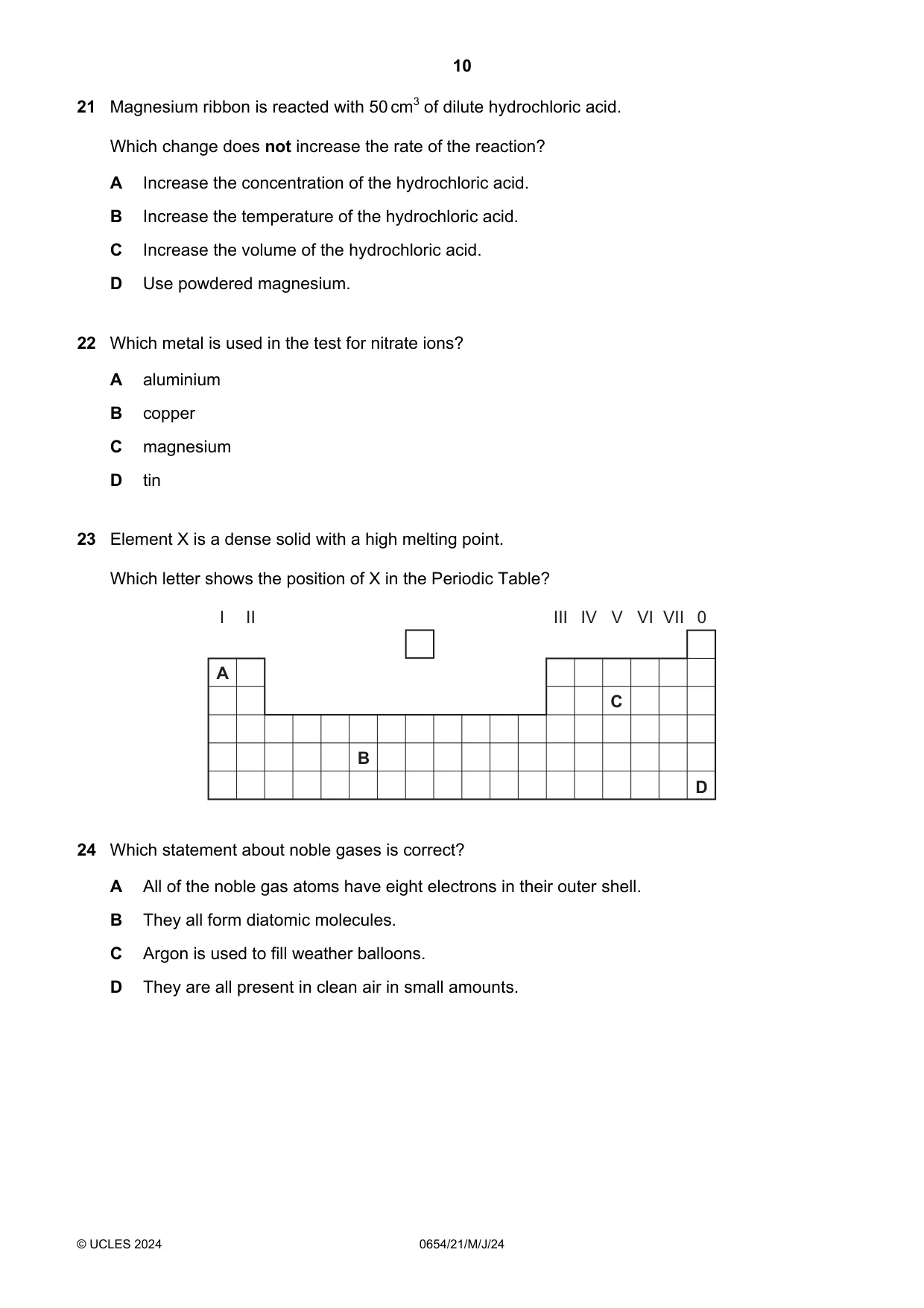Cambridge IGCSE Sciences - Co-ordinated (Double) 0654 2024 May/June Paper 2 · Variant 1 question paper, page 10 of 16