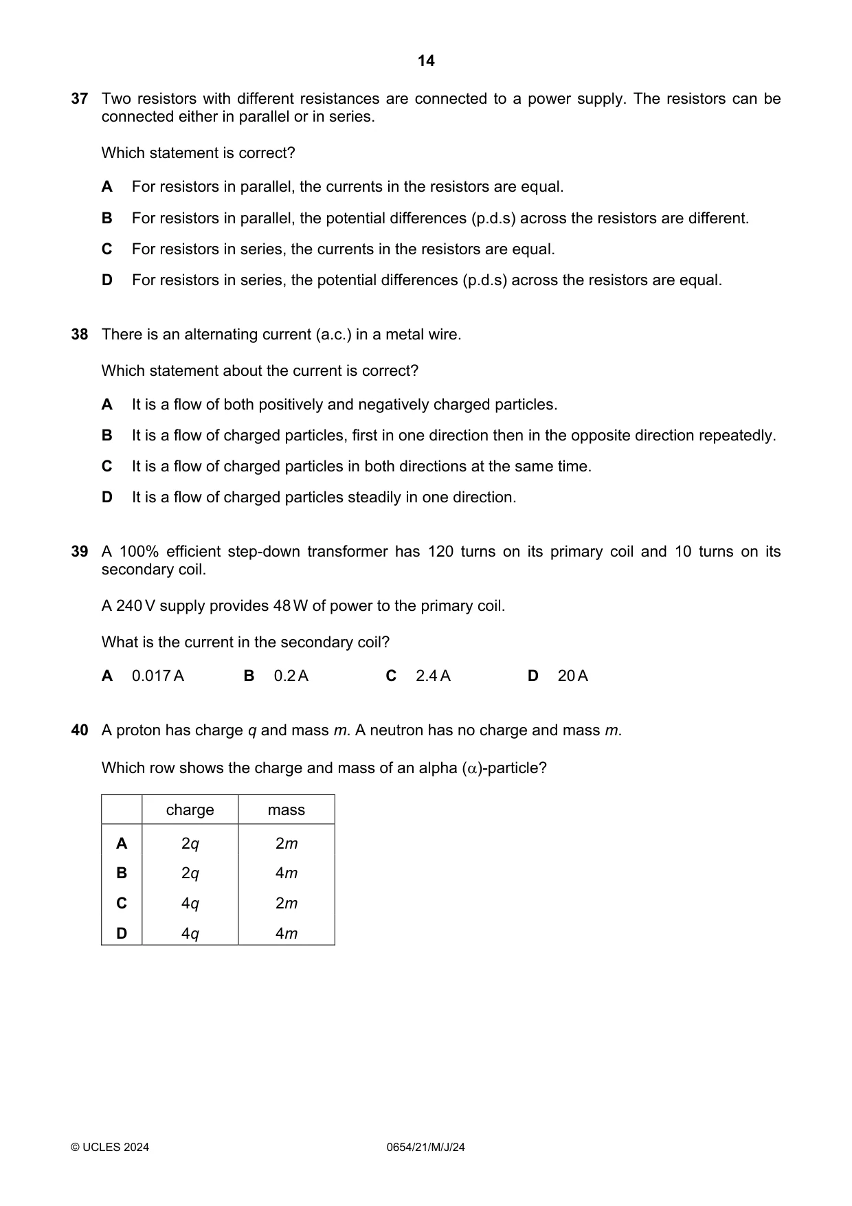 Cambridge IGCSE Sciences - Co-ordinated (Double) 0654 2024 May/June Paper 2 · Variant 1 question paper, page 14 of 16