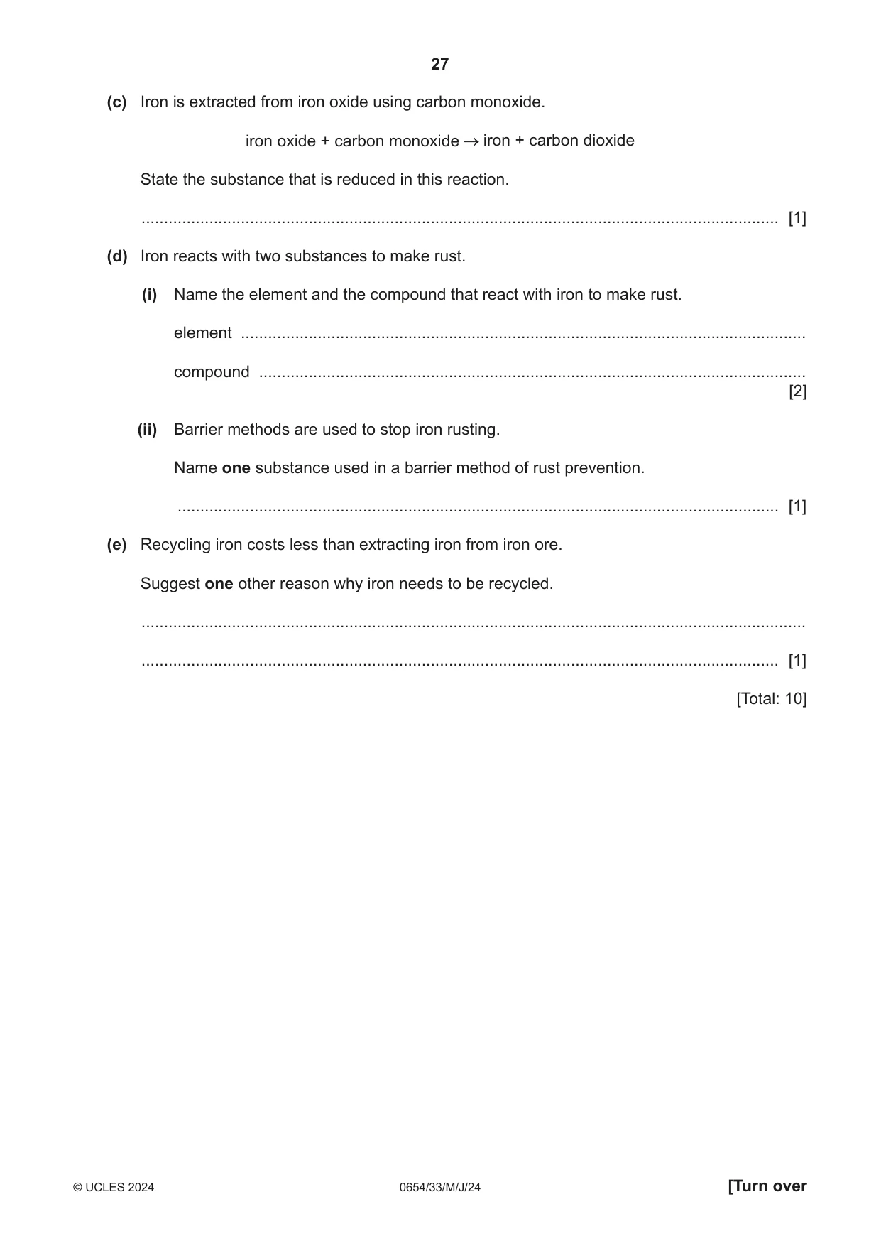 Cambridge IGCSE Sciences - Co-ordinated (Double) 0654 2024 May/June Paper 3 · Variant 3 question paper, page 27 of 32