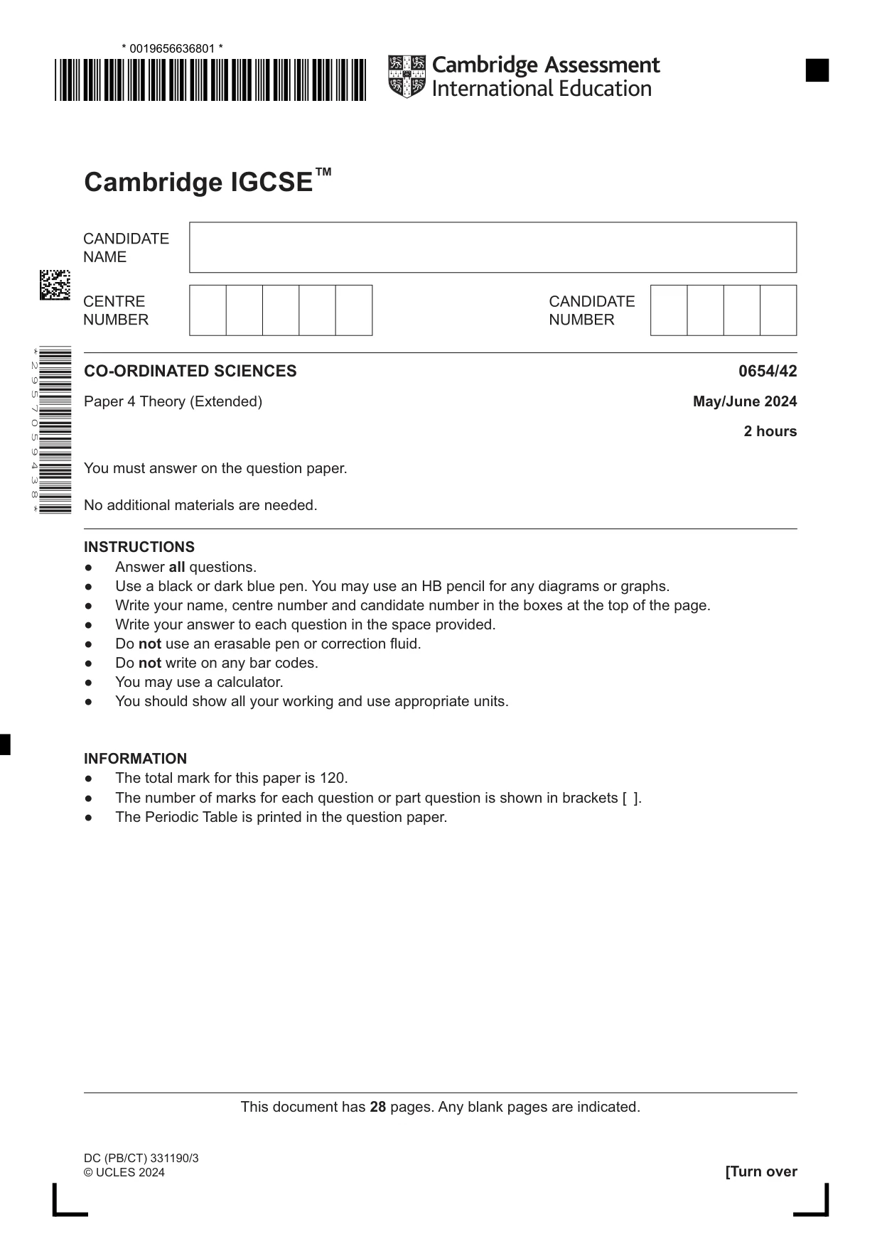 Cambridge IGCSE Sciences - Co-ordinated (Double) 0654 2024 May/June Paper 4 · Variant 2 question paper, page 1 of 28