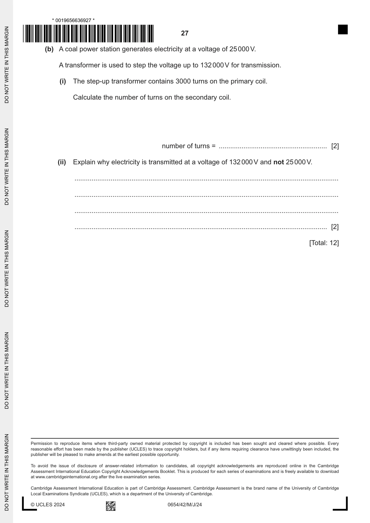 Cambridge IGCSE Sciences - Co-ordinated (Double) 0654 2024 May/June Paper 4 · Variant 2 question paper, page 27 of 28