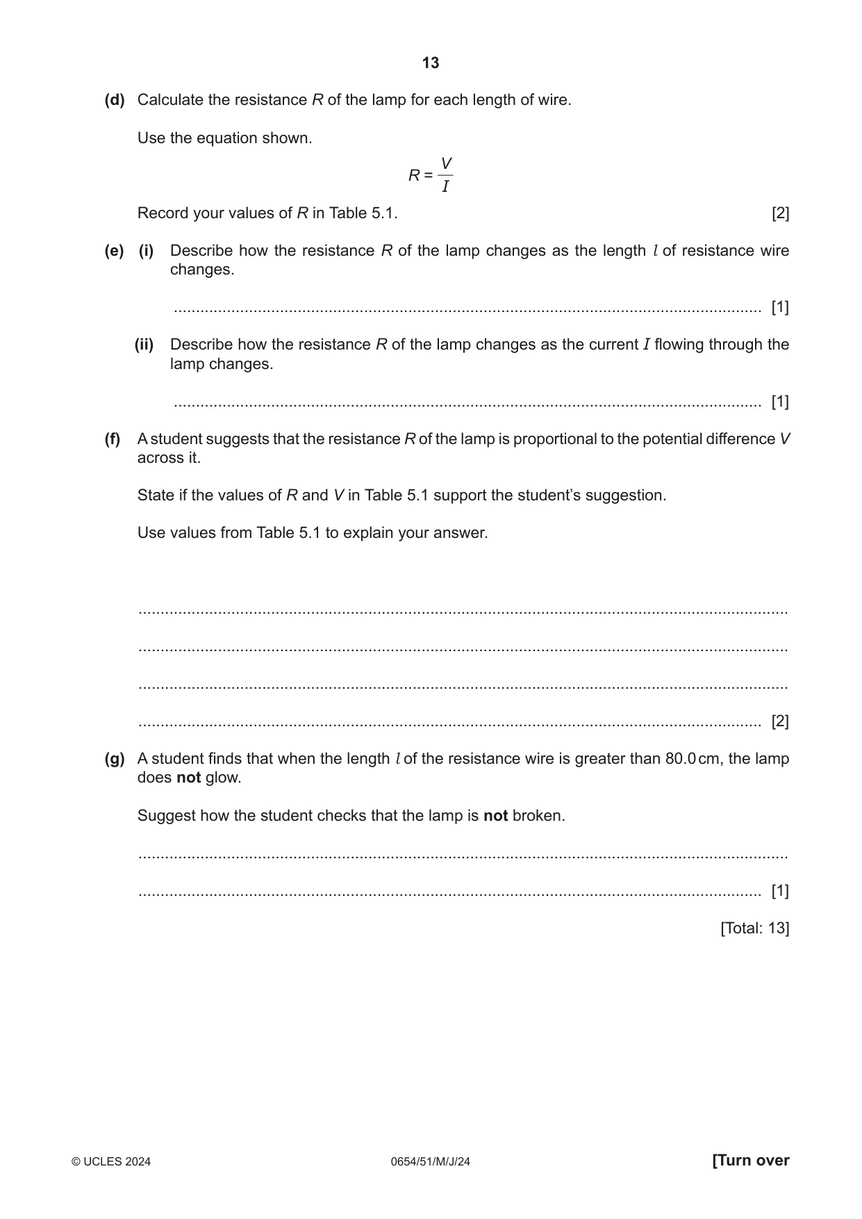 Cambridge IGCSE Sciences - Co-ordinated (Double) 0654 2024 May/June Paper 5 · Variant 1 question paper, page 13 of 16