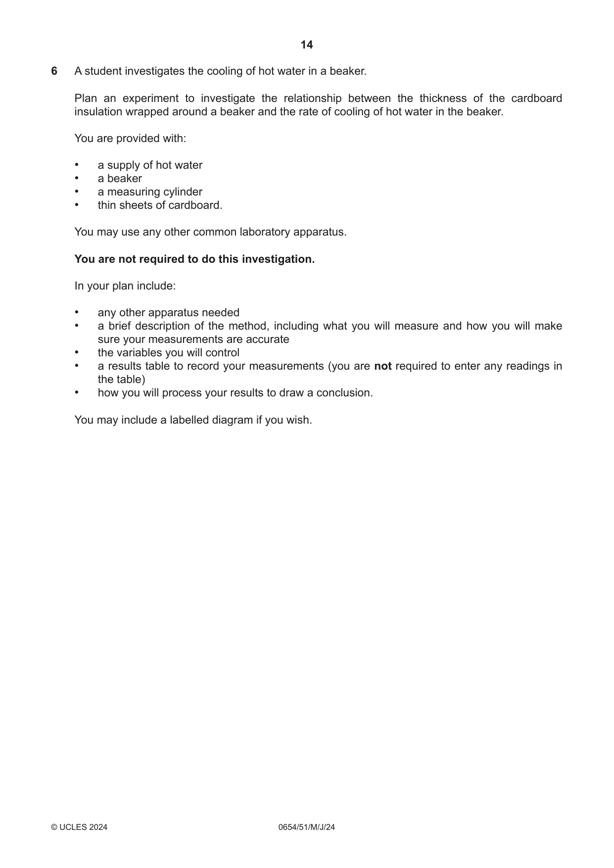 Cambridge IGCSE Sciences - Co-ordinated (Double) 0654 2024 May/June Paper 5 · Variant 1 question paper, page 14 of 16