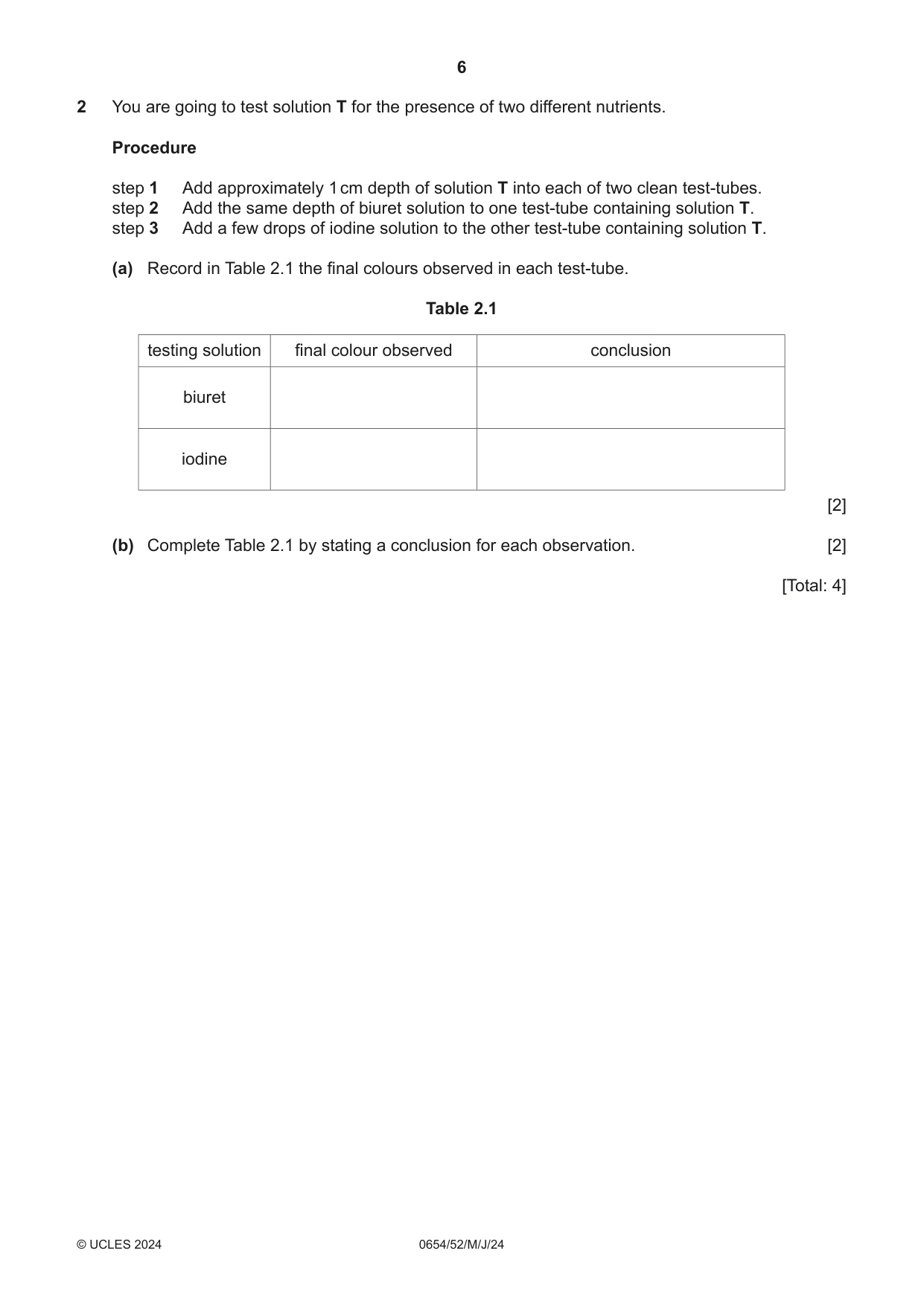 Cambridge IGCSE Sciences - Co-ordinated (Double) 0654 2024 May/June Paper 5 · Variant 2 question paper, page 6 of 20