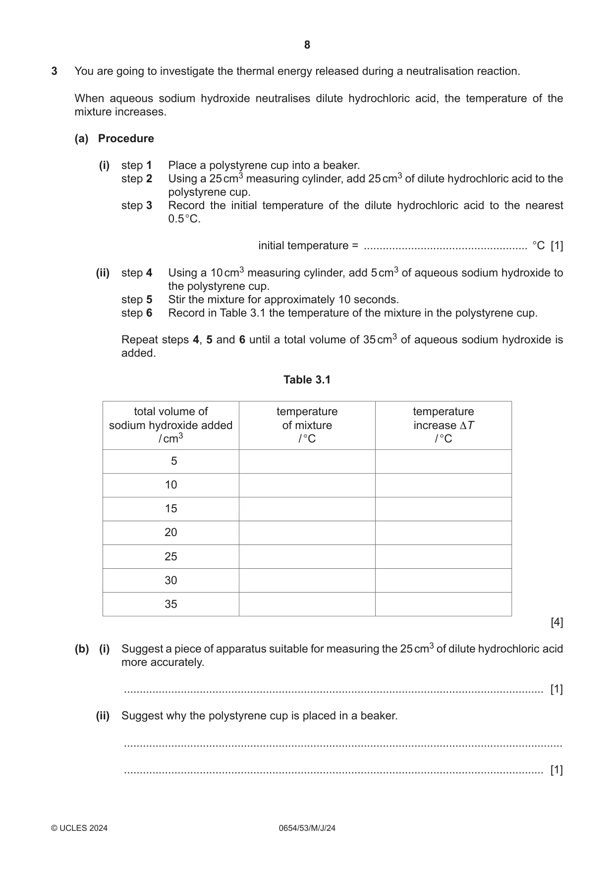 Cambridge IGCSE Sciences - Co-ordinated (Double) 0654 2024 May/June Paper 5 · Variant 3 question paper, page 8 of 20