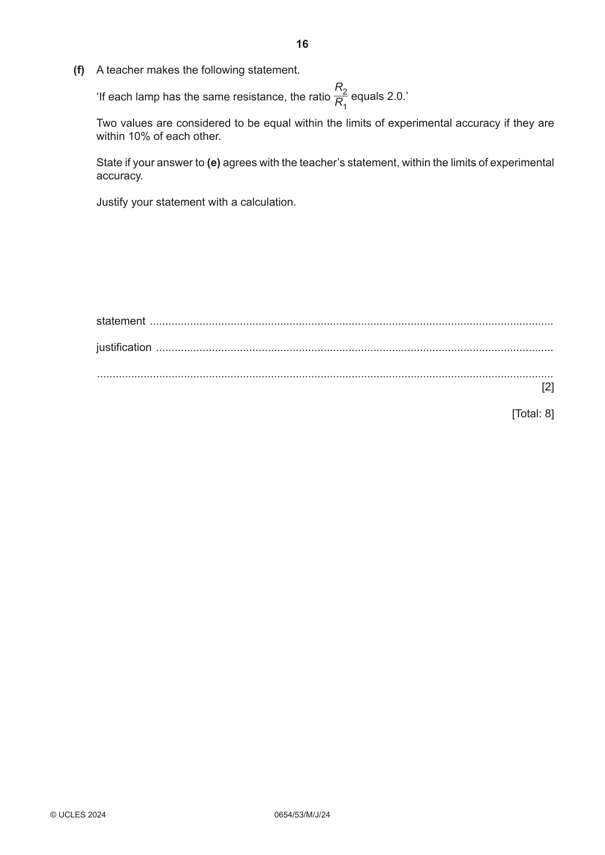 Cambridge IGCSE Sciences - Co-ordinated (Double) 0654 2024 May/June Paper 5 · Variant 3 question paper, page 16 of 20