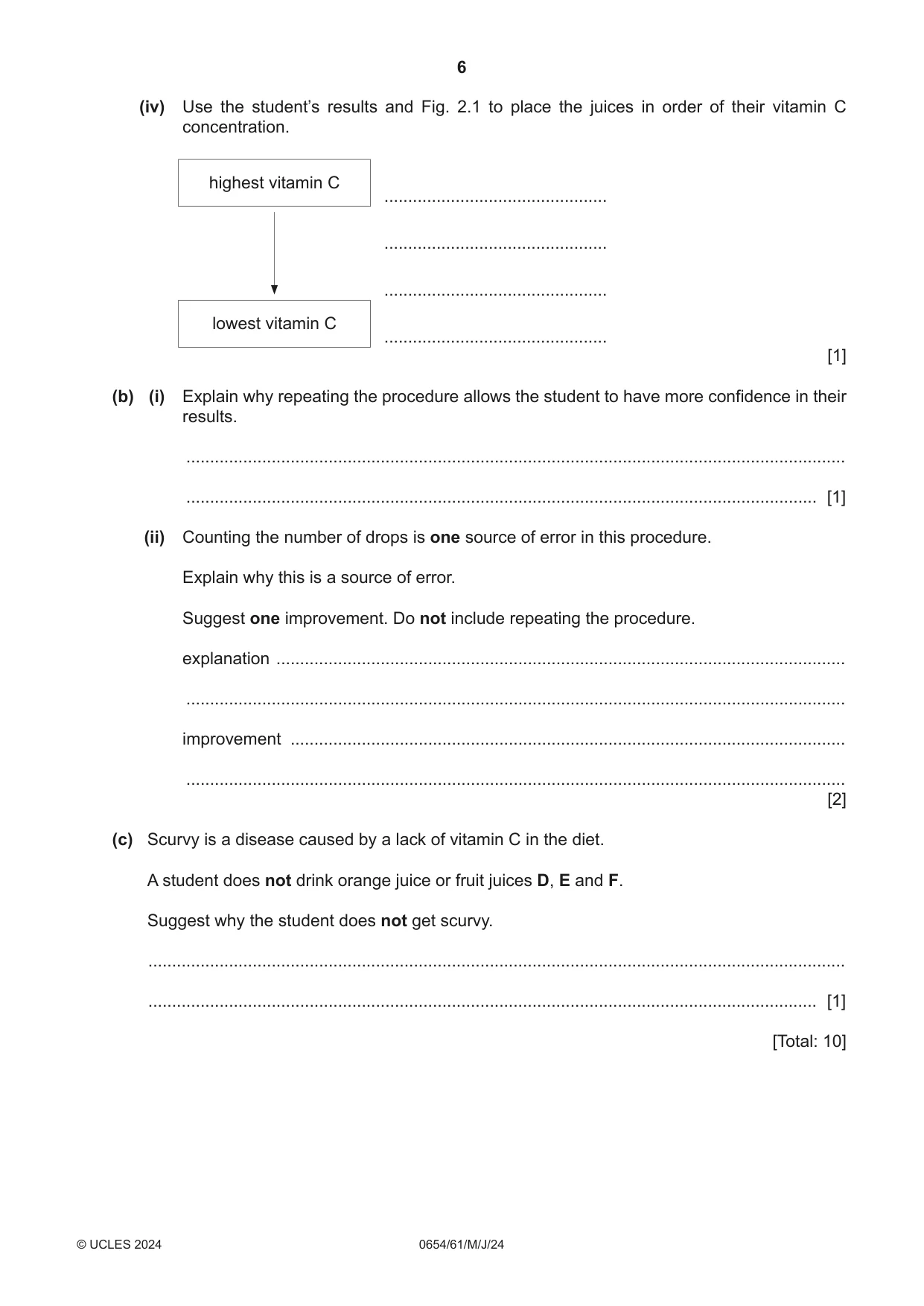 Cambridge IGCSE Sciences - Co-ordinated (Double) 0654 2024 May/June Paper 6 · Variant 1 question paper, page 6 of 20