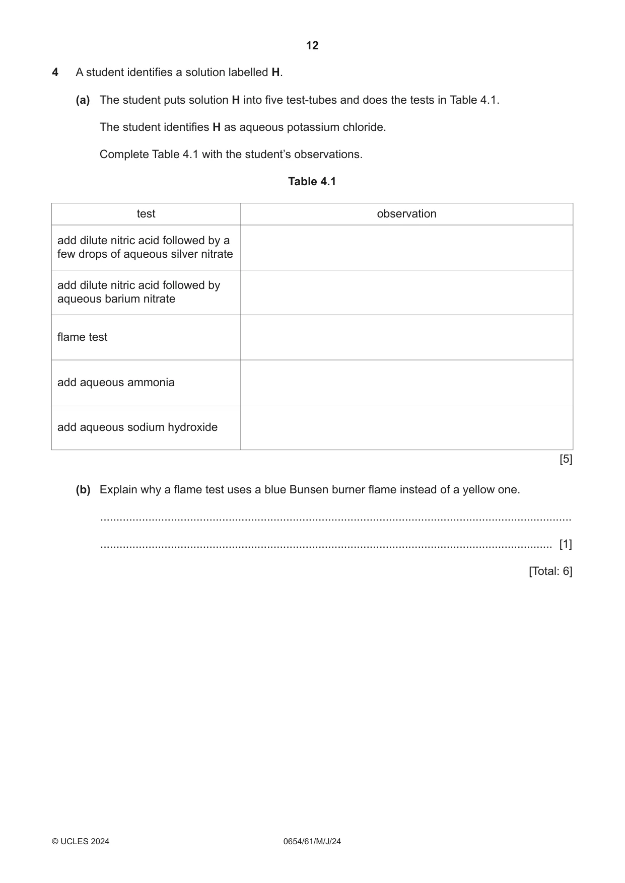 Cambridge IGCSE Sciences - Co-ordinated (Double) 0654 2024 May/June Paper 6 · Variant 1 question paper, page 12 of 20