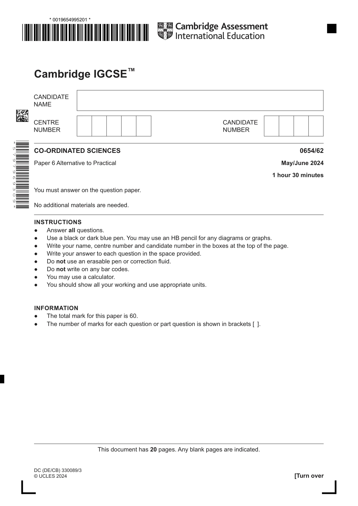 Cambridge IGCSE Sciences - Co-ordinated (Double) 0654 2024 May/June Paper 6 · Variant 2 question paper, page 1 of 20