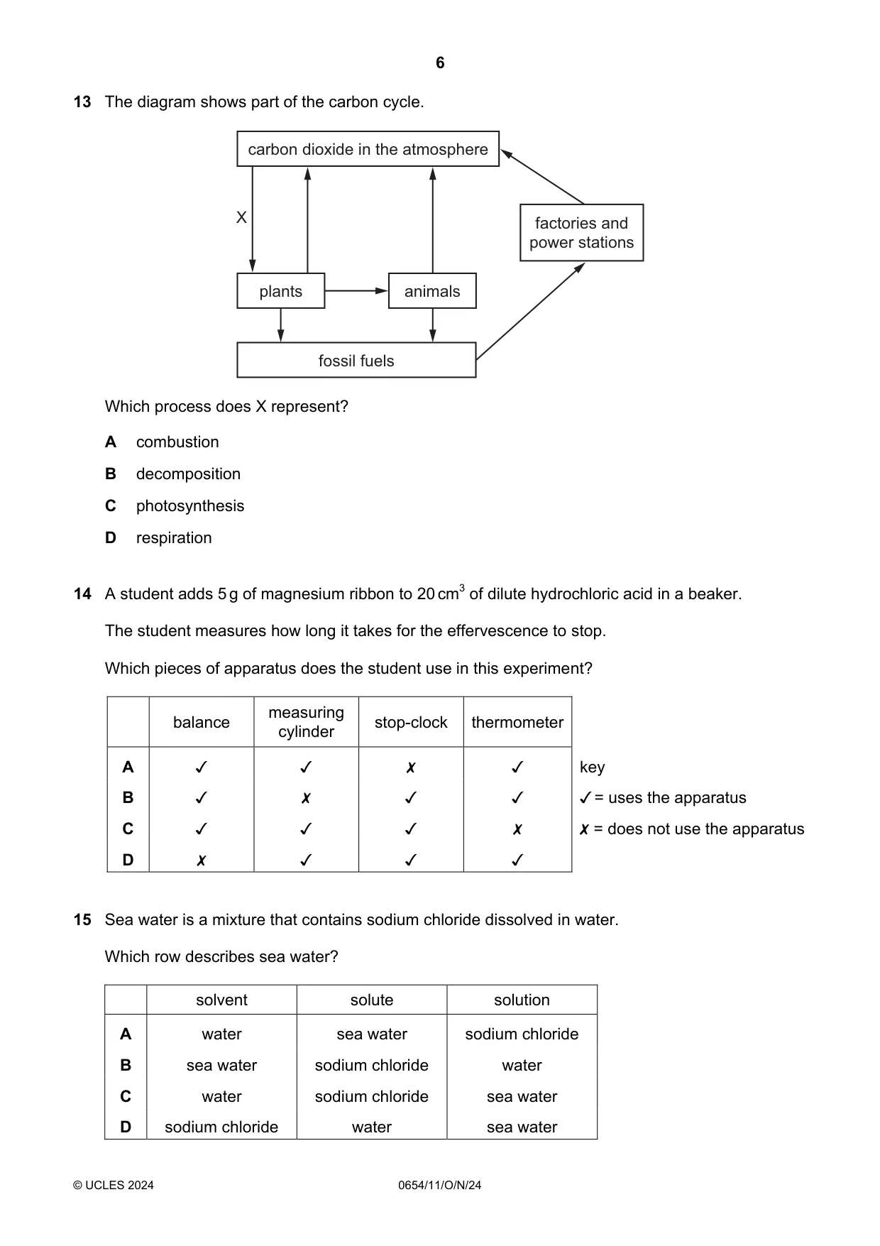 Cambridge IGCSE Sciences - Co-ordinated (Double) 0654 2024 Oct/Nov Paper 1 · Variant 1 question paper, page 6 of 16