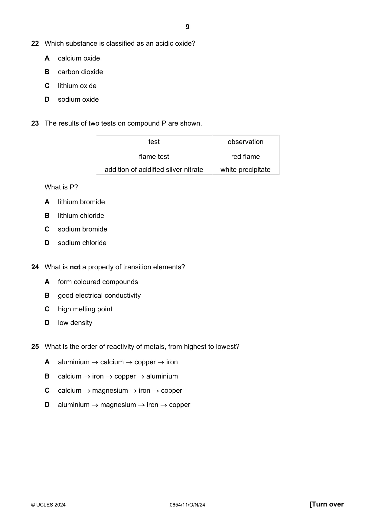 Cambridge IGCSE Sciences - Co-ordinated (Double) 0654 2024 Oct/Nov Paper 1 · Variant 1 question paper, page 9 of 16