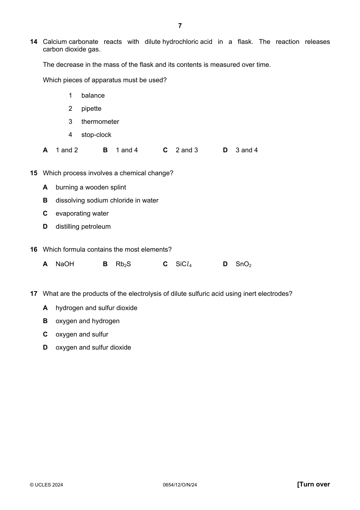 Cambridge IGCSE Sciences - Co-ordinated (Double) 0654 2024 Oct/Nov Paper 1 · Variant 2 question paper, page 7 of 20