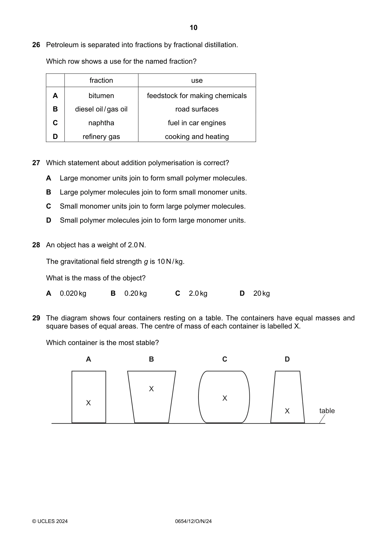 Cambridge IGCSE Sciences - Co-ordinated (Double) 0654 2024 Oct/Nov Paper 1 · Variant 2 question paper, page 10 of 20