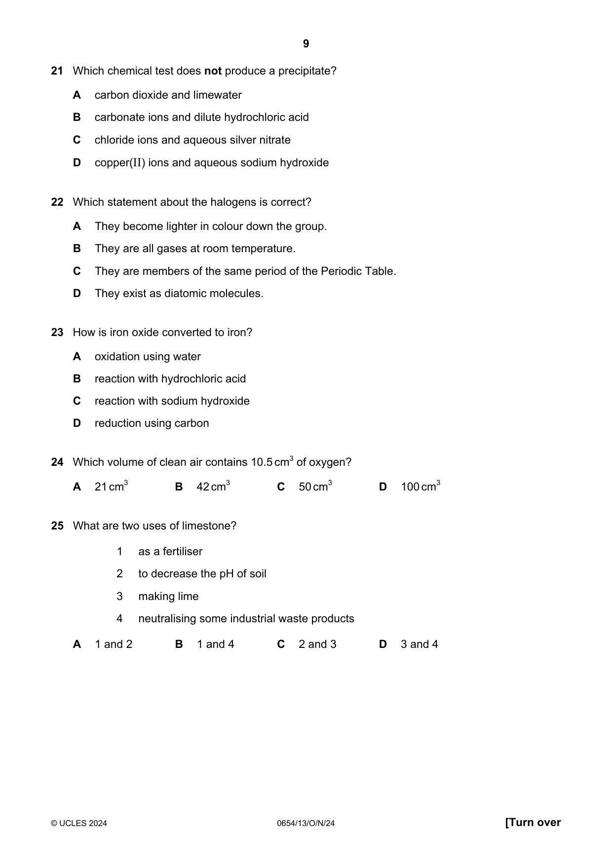 Cambridge IGCSE Sciences - Co-ordinated (Double) 0654 2024 Oct/Nov Paper 1 · Variant 3 question paper, page 9 of 20