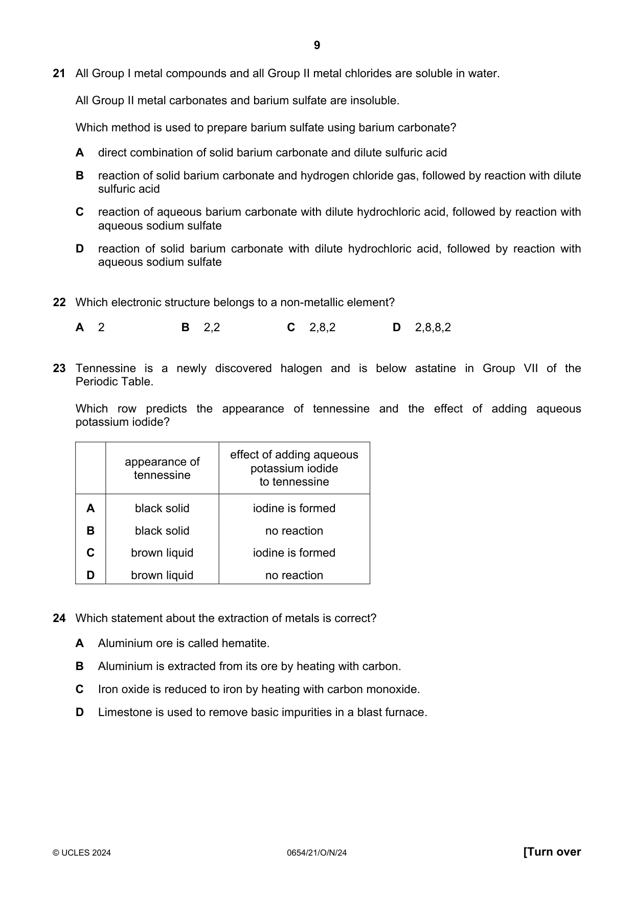 Cambridge IGCSE Sciences - Co-ordinated (Double) 0654 2024 Oct/Nov Paper 2 · Variant 1 question paper, page 9 of 16