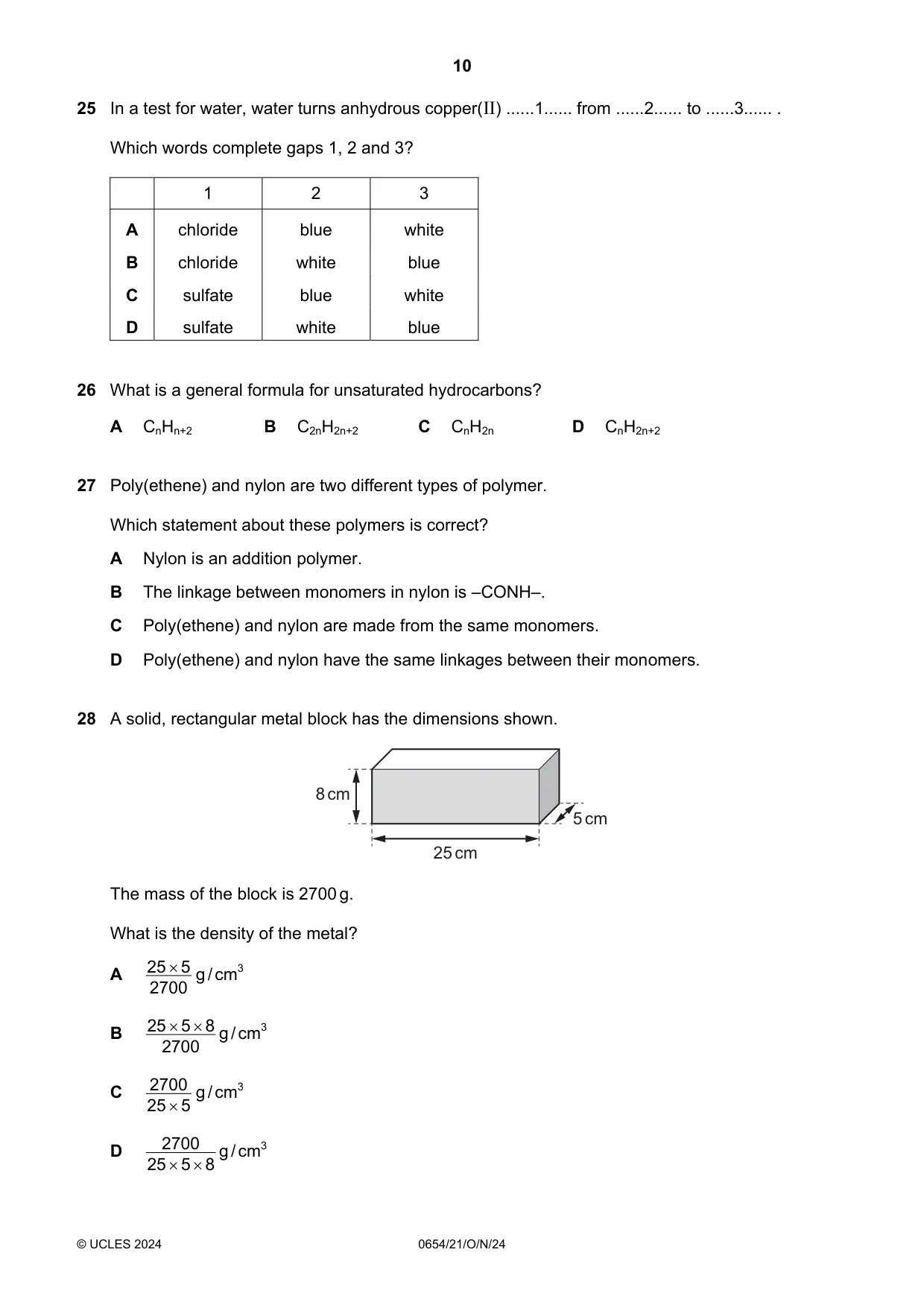 Cambridge IGCSE Sciences - Co-ordinated (Double) 0654 2024 Oct/Nov Paper 2 · Variant 1 question paper, page 10 of 16