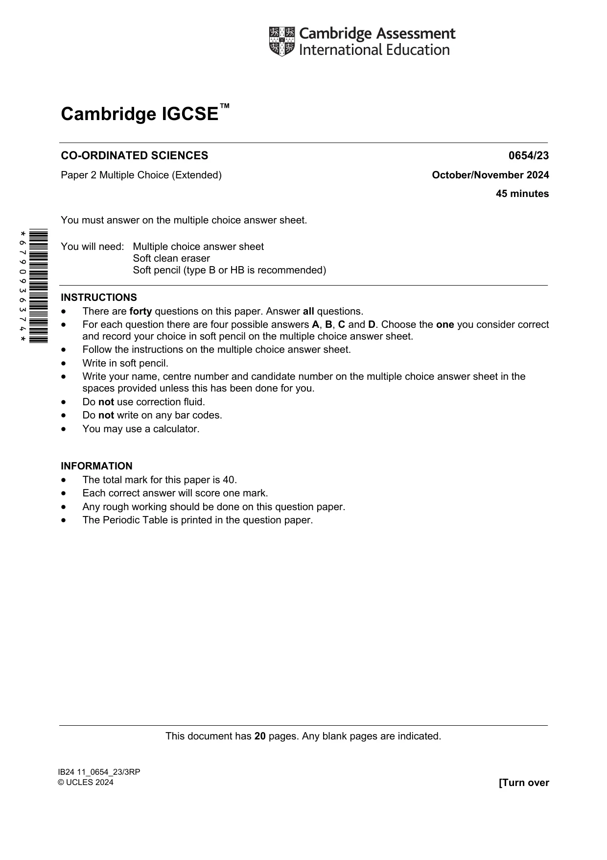 Cambridge IGCSE Sciences - Co-ordinated (Double) 0654 2024 Oct/Nov Paper 2 · Variant 3 question paper, page 1 of 20