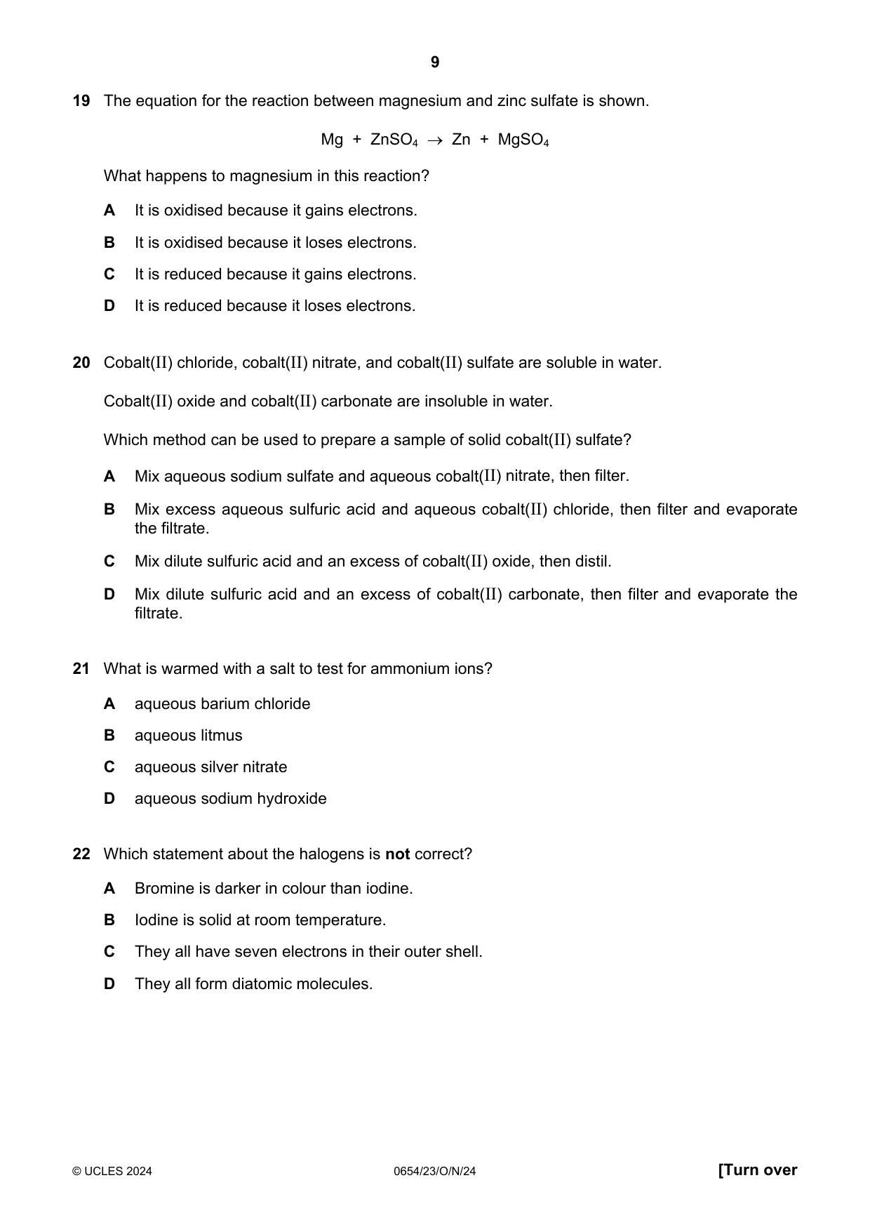 Cambridge IGCSE Sciences - Co-ordinated (Double) 0654 2024 Oct/Nov Paper 2 · Variant 3 question paper, page 9 of 20