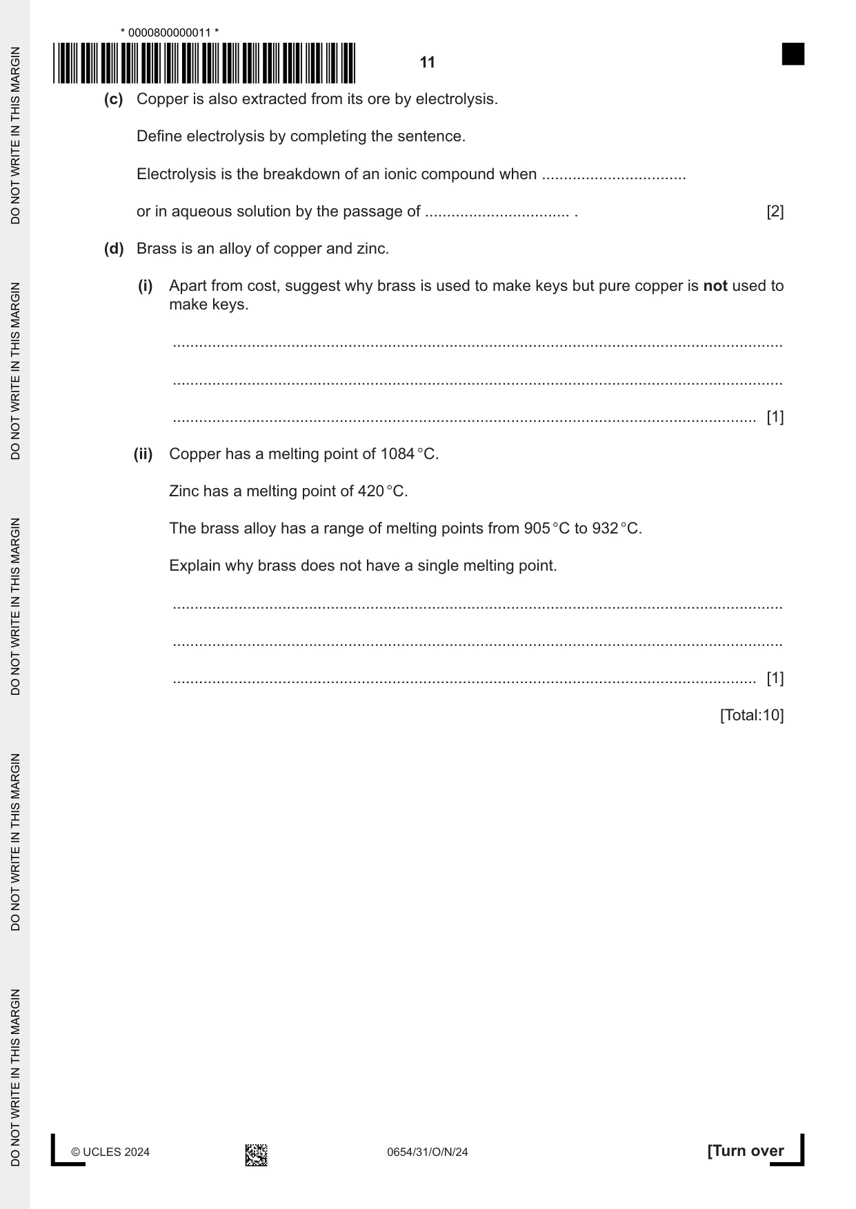 Cambridge IGCSE Sciences - Co-ordinated (Double) 0654 2024 Oct/Nov Paper 3 · Variant 1 question paper, page 11 of 28