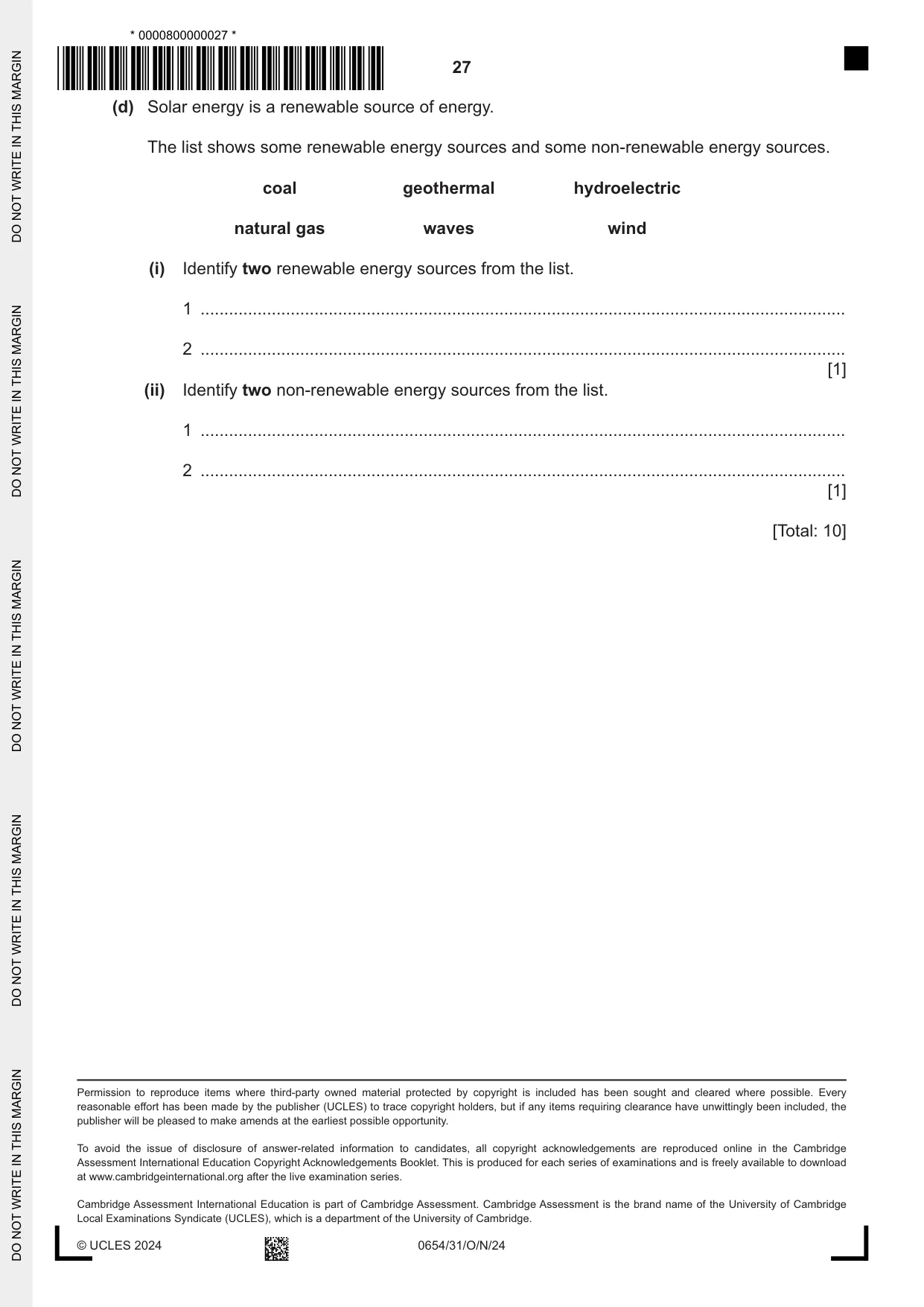 Cambridge IGCSE Sciences - Co-ordinated (Double) 0654 2024 Oct/Nov Paper 3 · Variant 1 question paper, page 27 of 28