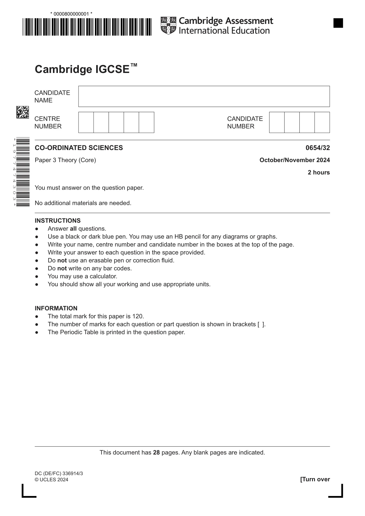 Cambridge IGCSE Sciences - Co-ordinated (Double) 0654 2024 Oct/Nov Paper 3 · Variant 2 question paper, page 1 of 28
